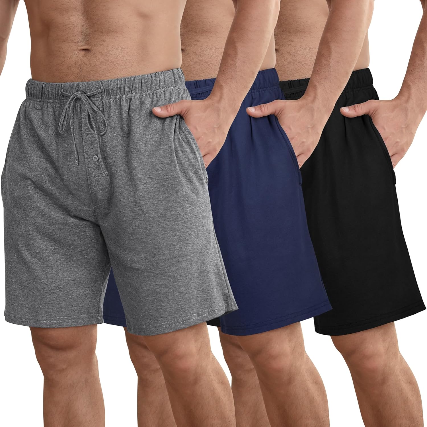 IHU 3 Pack Mens Cotton Pajama Shorts Soft Sleepwear Lounge Bottoms with Drawstring Pockets Sleep Shorts for Men