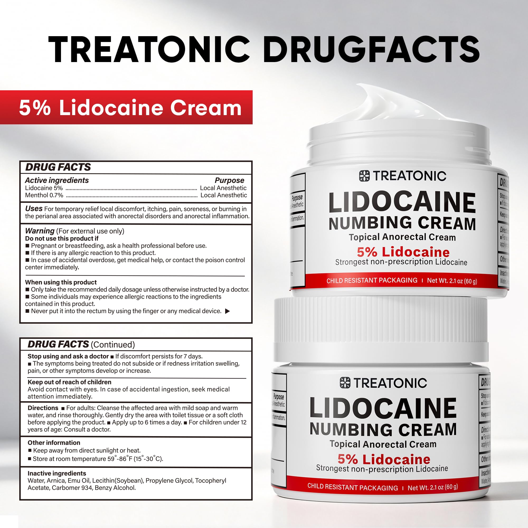 Treatonic 5% Lidocaine Numbing Cream: Lidocaine Cream Maximum Strength for Pain Relief, Itching, Burning, Soreness, Hemorrhoid Treatment - Fast Acting & Long Lasting Numbing - 2.1 oz — Amazon image 8