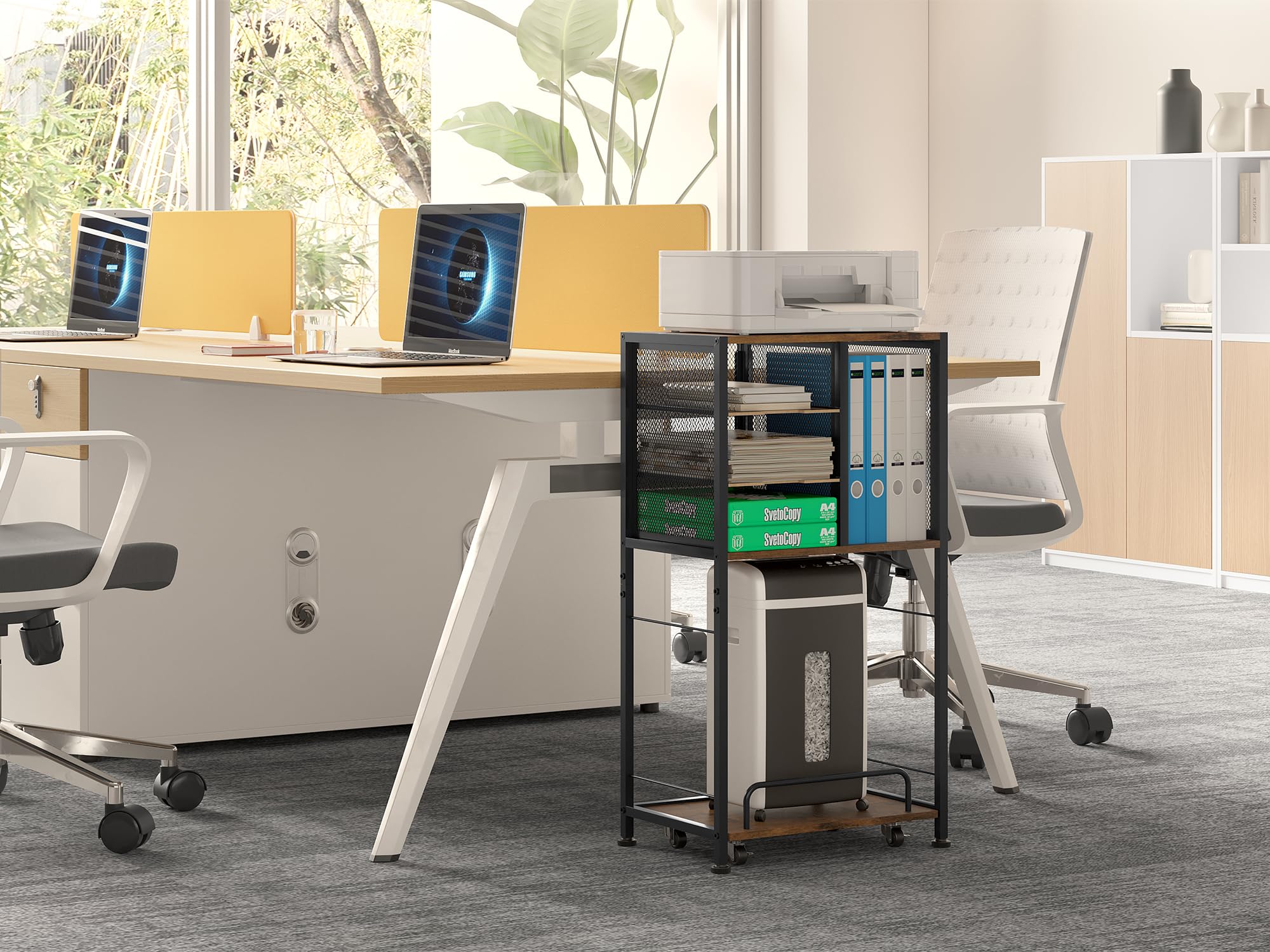 EasyPAG Support d'imprimante 4 compartiments A4 en métal et bois - Avec chariot coulissant mobile - Étagère d'imprimante pour fax, photocopieur, scanner, marron