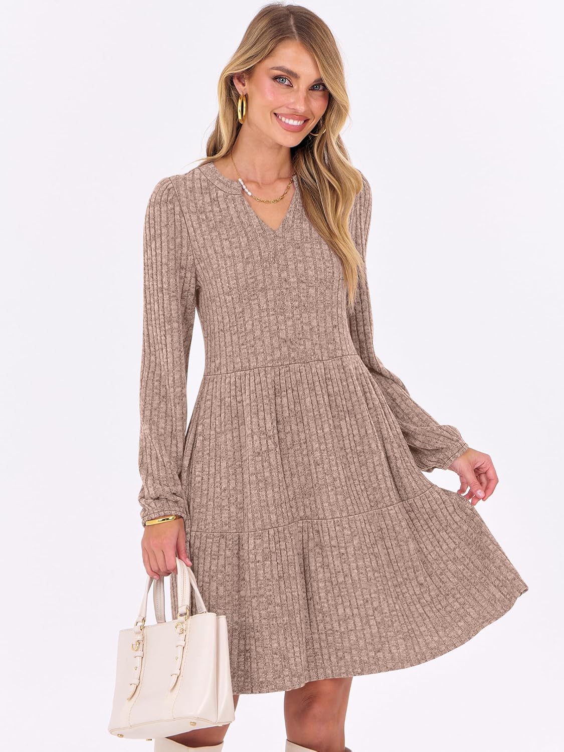 ANRABESS Long Sleeve Dress for Women Fall Fashion Outfits 2025 Casual V Neck Rib Knit Babydoll Sweater Dresses with Pockets - Image 2