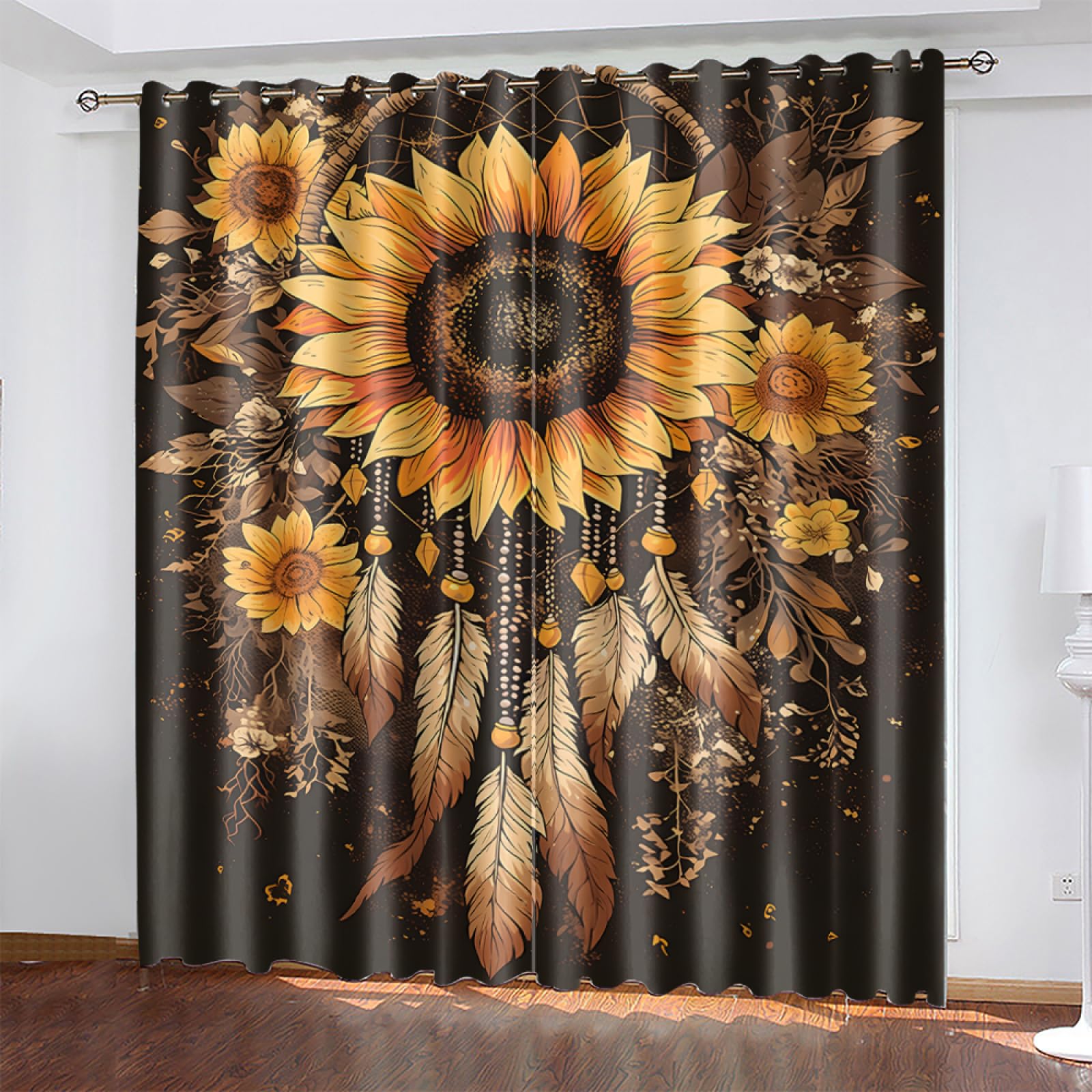 Blackout Eyelet Curtains Flower Brown Leaves Thermal Blackout Curtains for Bedroom Living Room Black Out Curtain Reduce Noise Eyelet Curtins Durable Polyester Thick Window Curtain 2x75x166cm