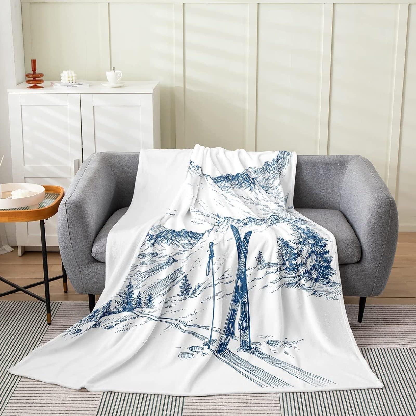 Couverture Polaire 180x220 cm Ski, Plaid Polaire Montagne Enneigée Flanelle 2 Personnes, 3D Imprimée Couvertures et Plaids Doux et Chaud for Canape Lit