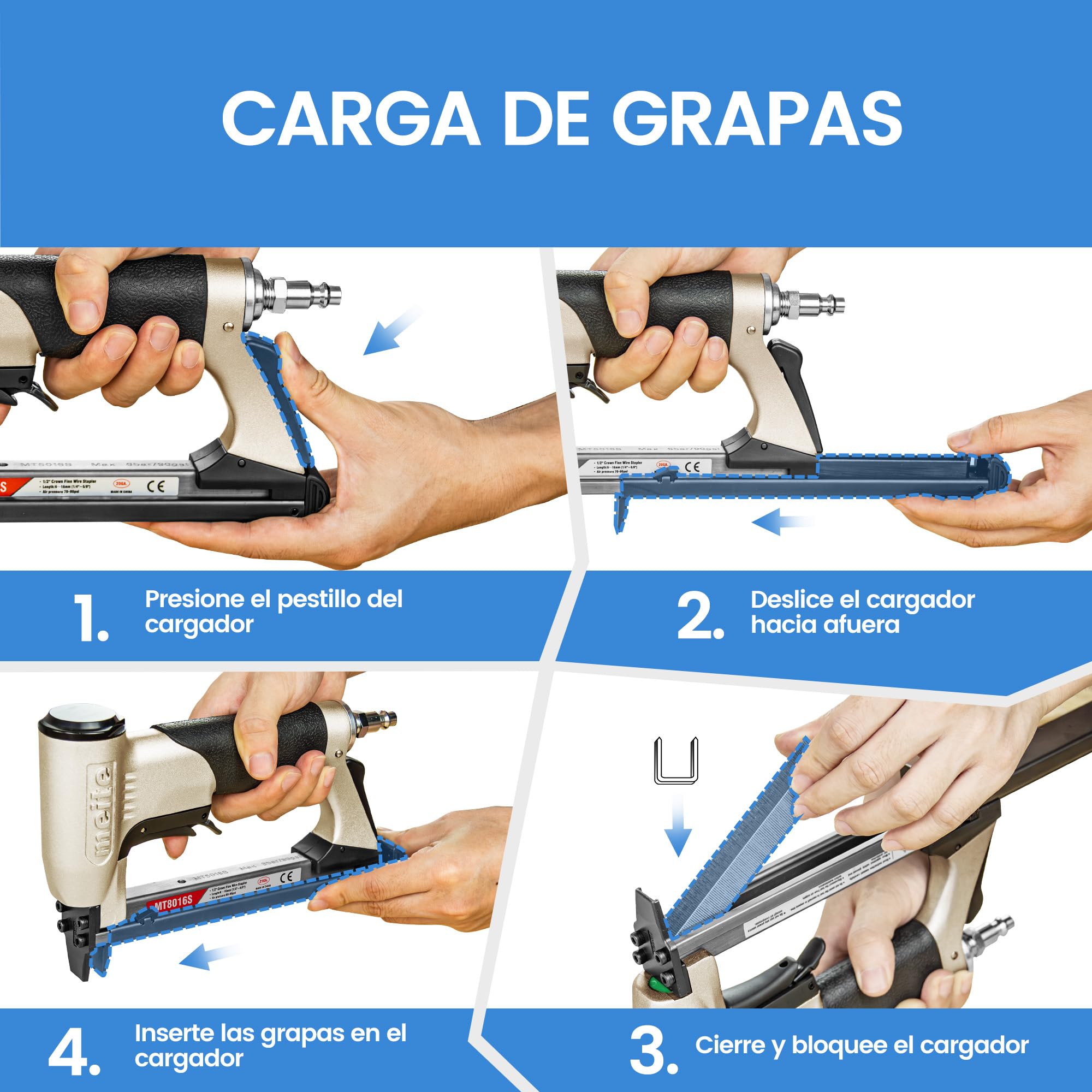 meite Grapadora neumática para tapicería MT8016S con gatillo de seguridad, para grapas calibre 21 de corona de 12 mm, ideal para carpintería, bricolaje y uso profesional, Grapadoras y clavadoras