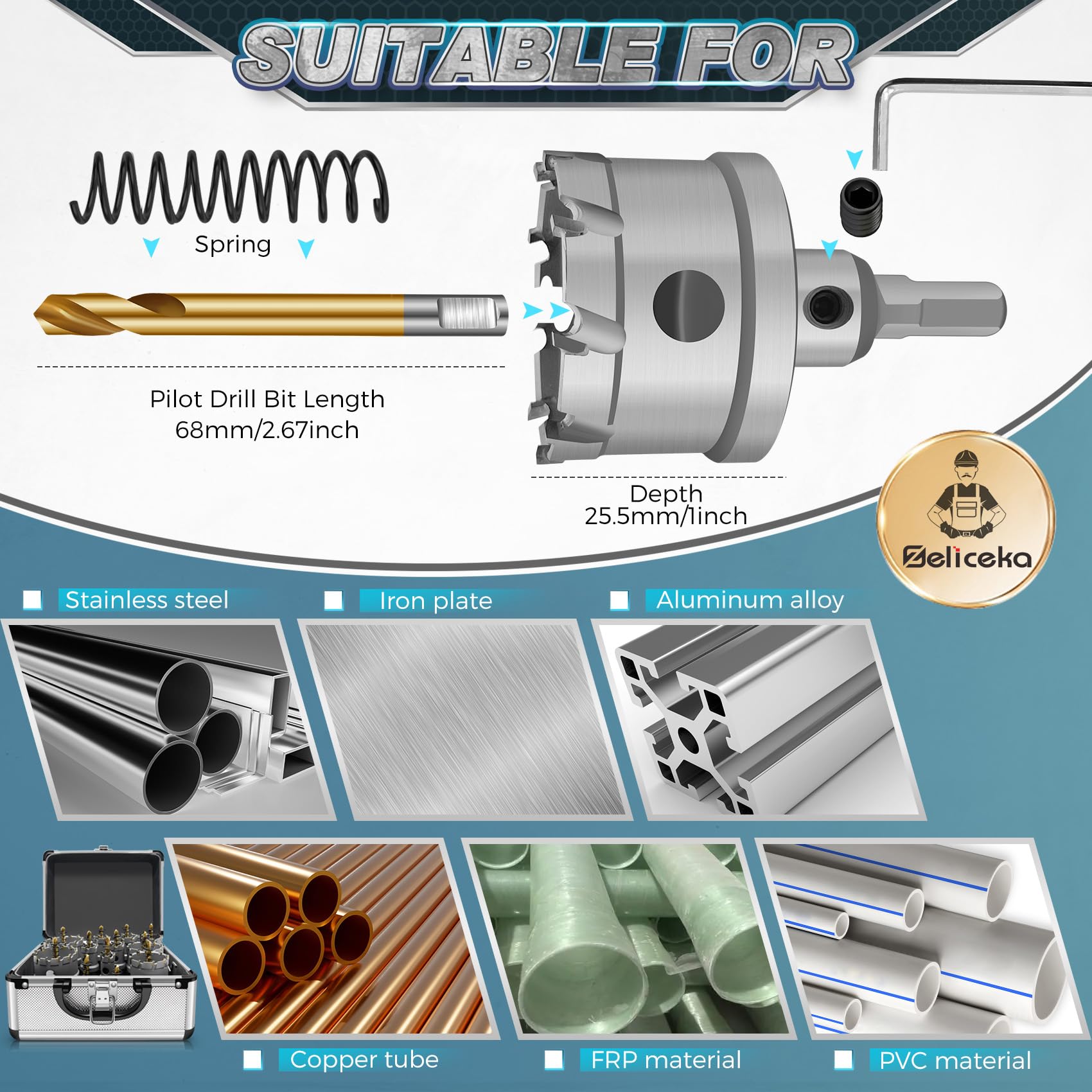 TCT - Juego de 14 sierras perforadoras de carburo para metal duro, juego de sierra perforadora con punta de carburo de tungsteno de alta resistencia, con 1 caja de aluminio, 2 brocas piloto