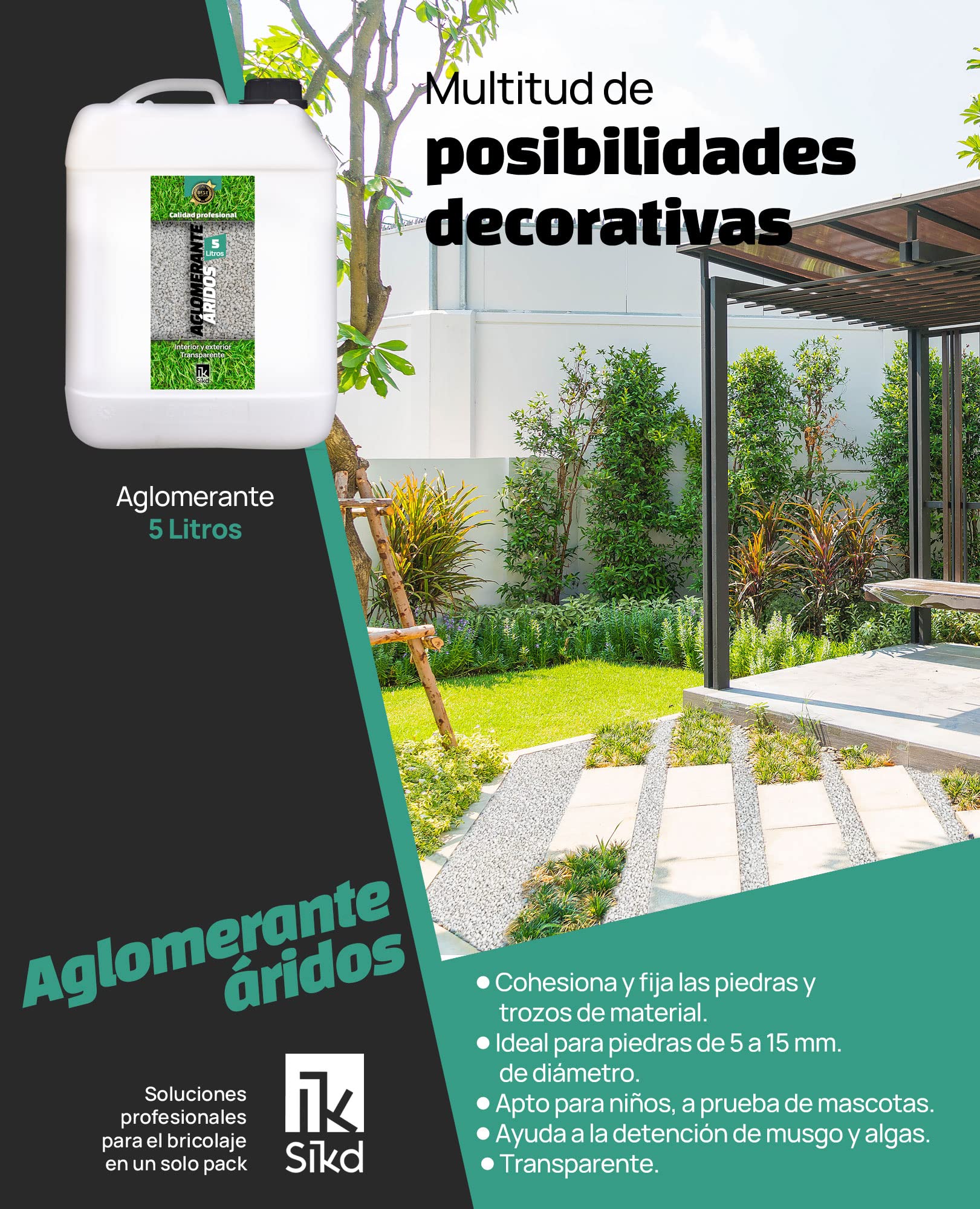 Resina fijador grava 5L decoración exterior. Estabilizador de grava efecto mojado. Pegamento para piedra, aglomerante fijación de aridos, gravilla, vídrios o cortezas en jardín