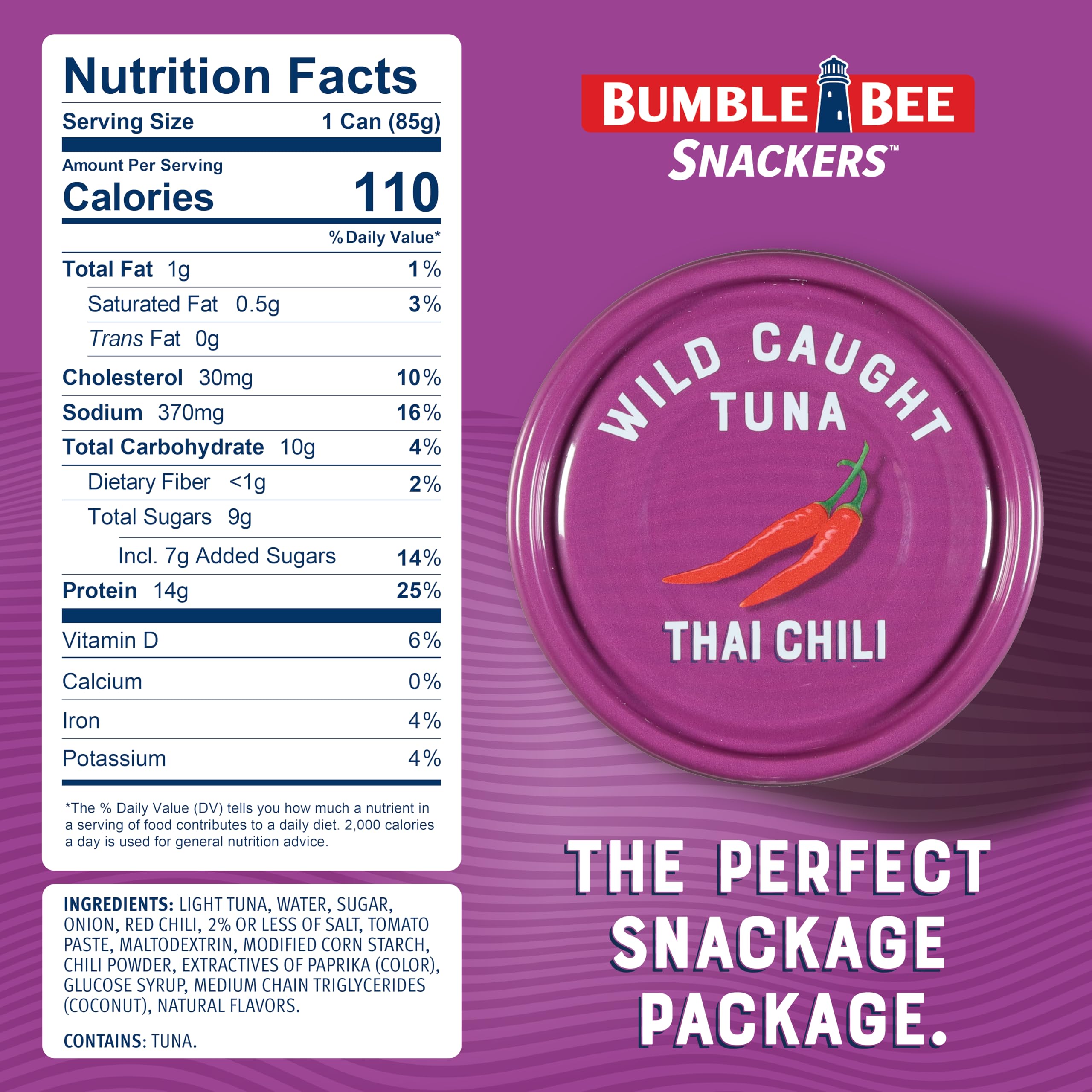 Bumble Bee Snackers Thai Chili - 14g Protein per Serving - No Draining, Ready to Eat - Wild Caught Skipjack Chunk Light Tuna for Snack, Salad, Korean Tuna Bowl - 3 oz Easy Open Can (Pack of 1)