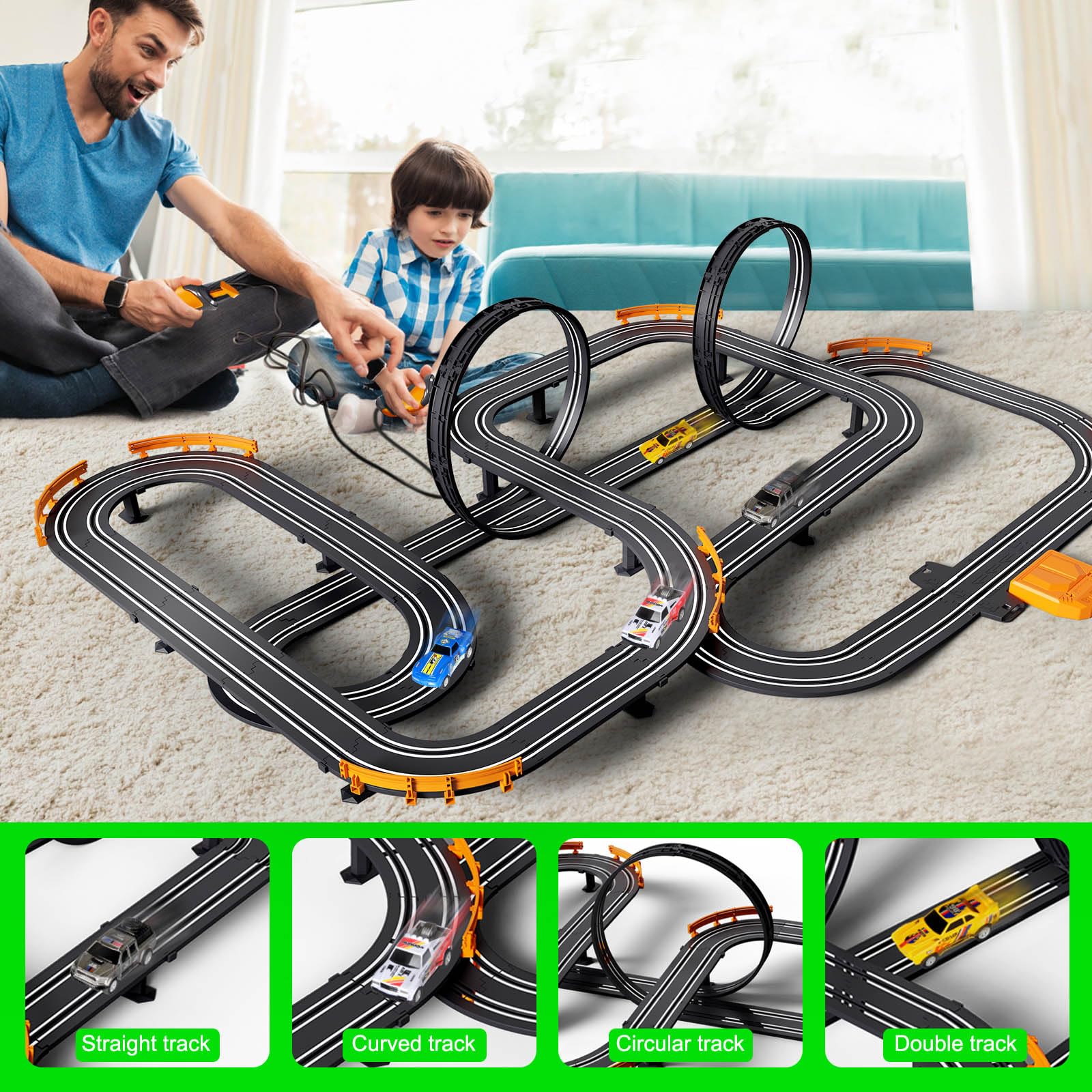 Slot Car Race Track Set Electric or Battery Powered Racing Car Track for Kids Boys, with 4 High-Speed Cars and 2 Hand Controllers,Dual Racing Game Toys for Children Age 6 7 8 Years Old