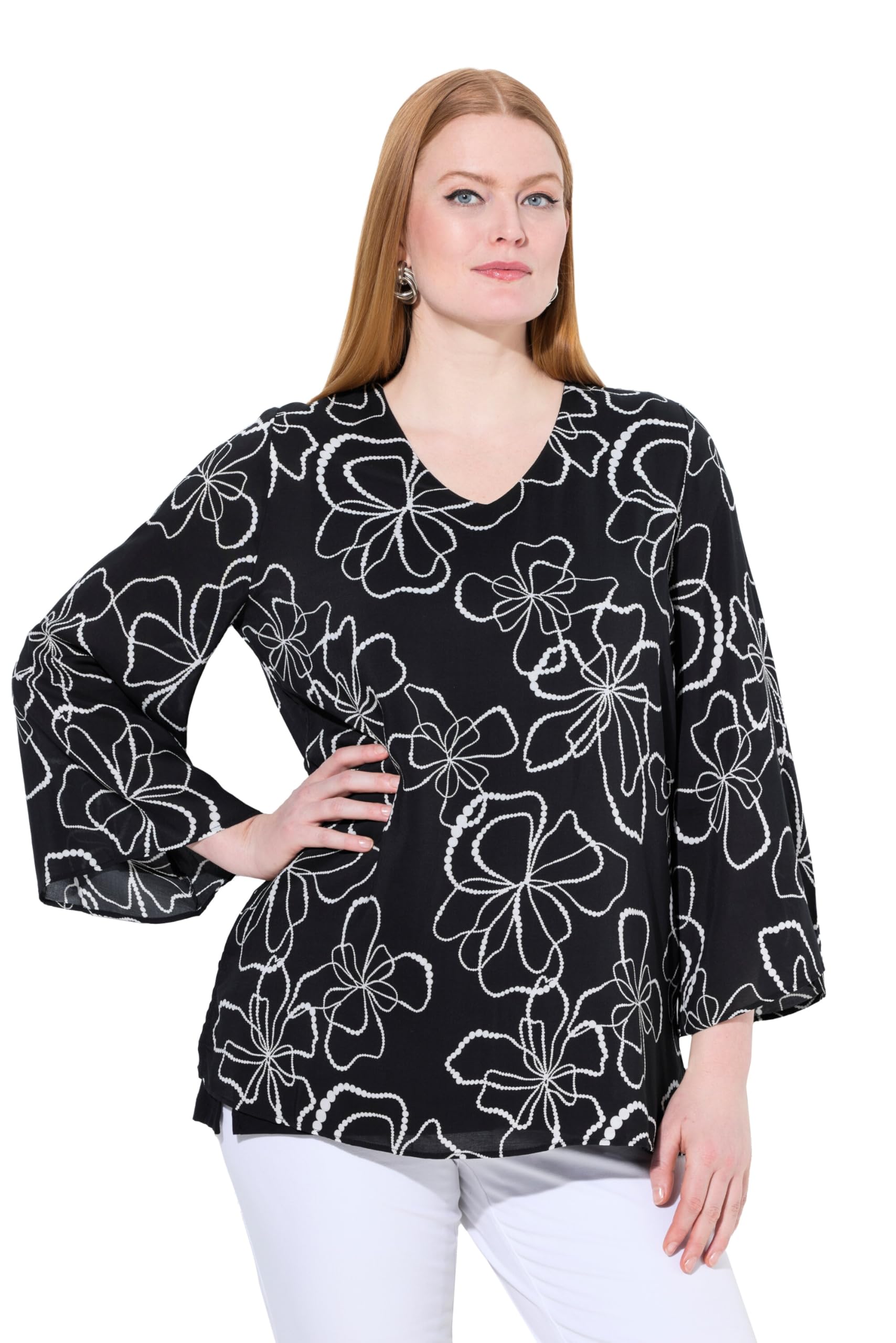 Ulla Popken Damen große Größen Übergrößen Plus Size Shirtbluse, doppellagig, V-Ausschnitt, Langarm 838742