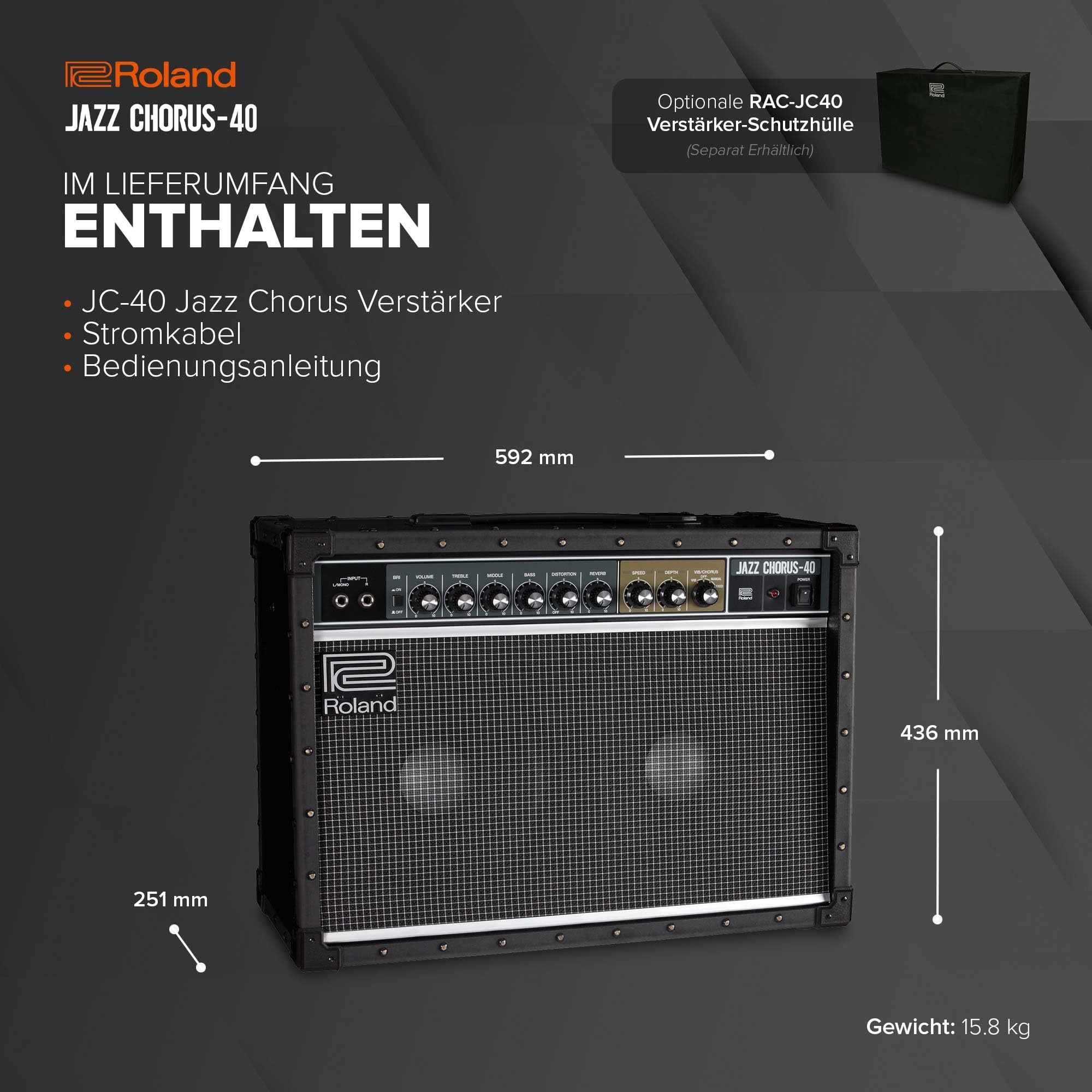 Roland JC-40 Jazz Chorus | Kompakter Gitarrenverstärker | Legendärer JC Clean-Sound | Einzigartiger Dimensional Space Chorus Effekt | Leistungsstarker 40 Watt Stereoverstärker | Zwei 10” Lautsprecher