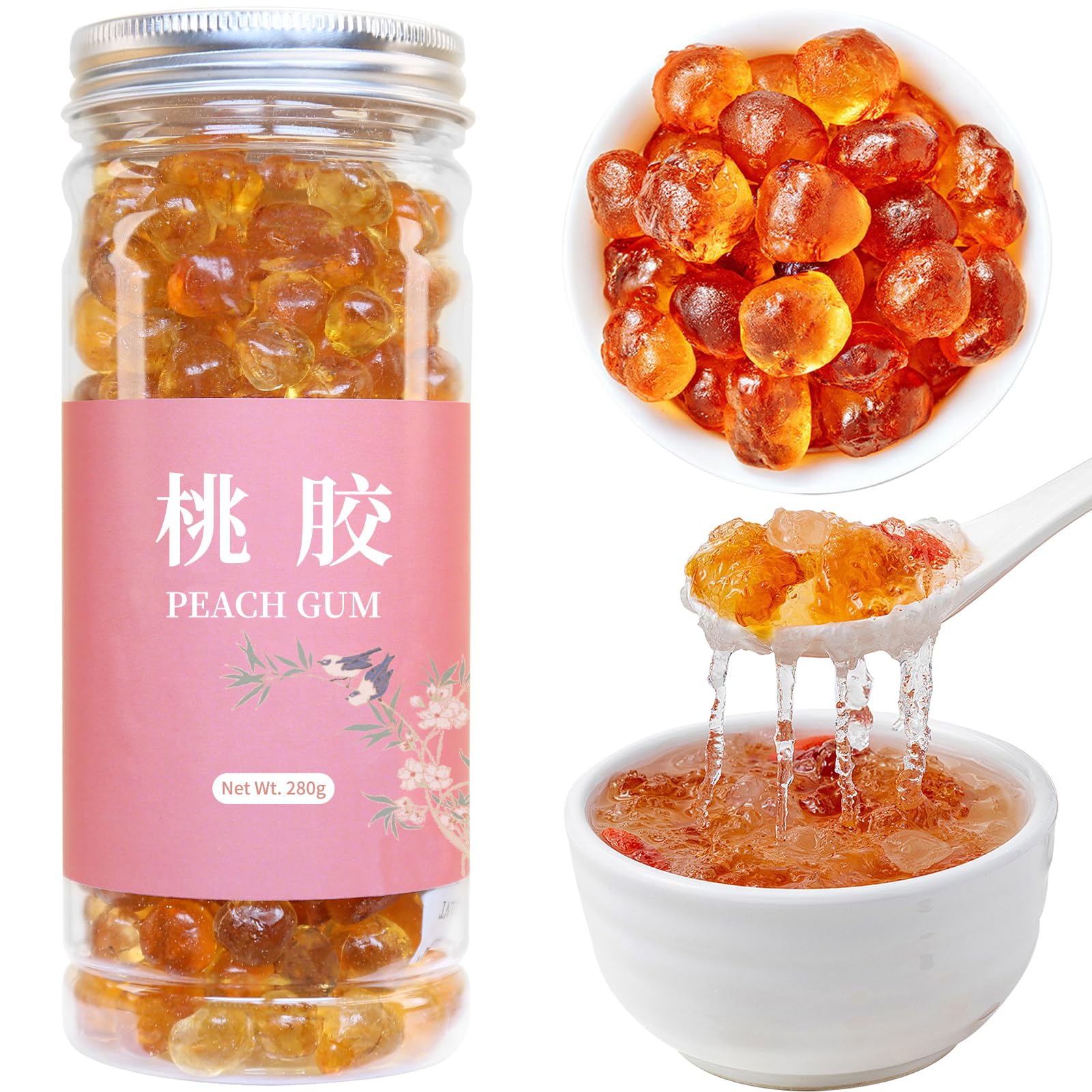Wanhua Hall Dried Peach Gum Chinese Tao Jiao Natural Peach Resin 9.8oz Bouncy Texture Ideal for Desserts, Soups,Milk Tea 桃胶