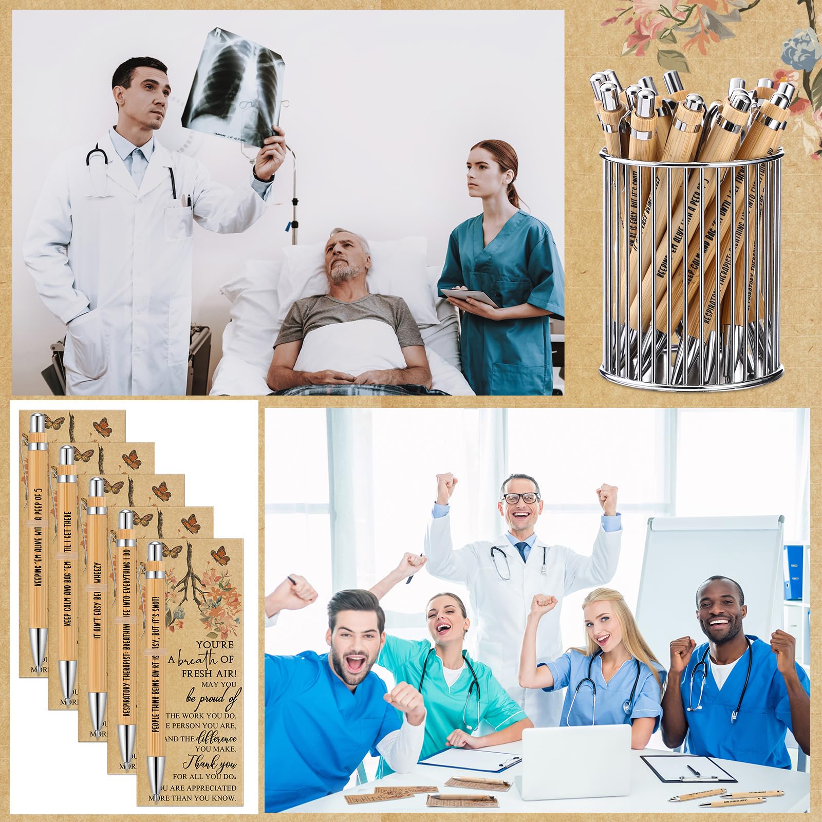 Gersoniel 20 Sets Respiratory Therapist Gifts Bulk Nurse Week Gifts Retractable Bamboo Ballpoints with Appreciation Bookmark Card Thank You Pen for Rt Nurse Nursing Doctor Graduation Staff Office