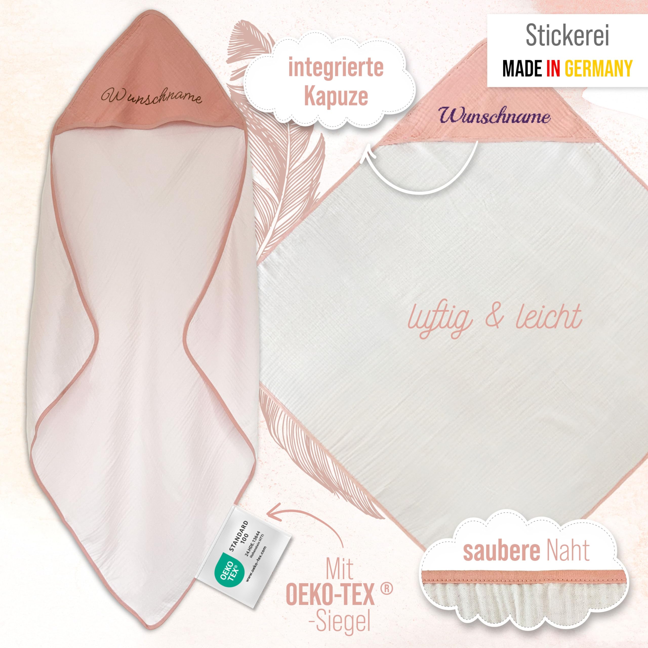 Newborn Baby Set mit Namen bestickt, Oeko-TEX® Standard 100 - Personalisiertes Geschenk Set 3-teilig für Neugeborene aus weichem Musselin (Rosa, Personalisiert)