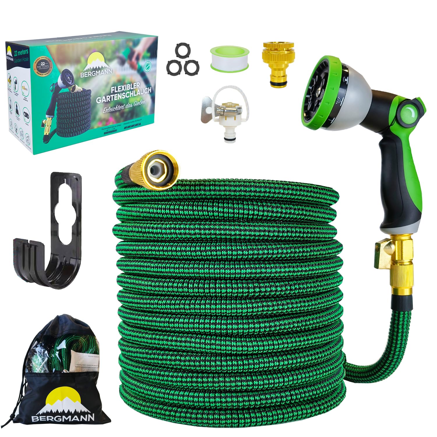 Bergmann® Tubo da giardino flessibile di alta qualità, tubo flessibile con 10 funzioni, tubo flessibile con supporto da parete 3/4 1/2", attacco a 3 canali in lattice (verde, 22 m)