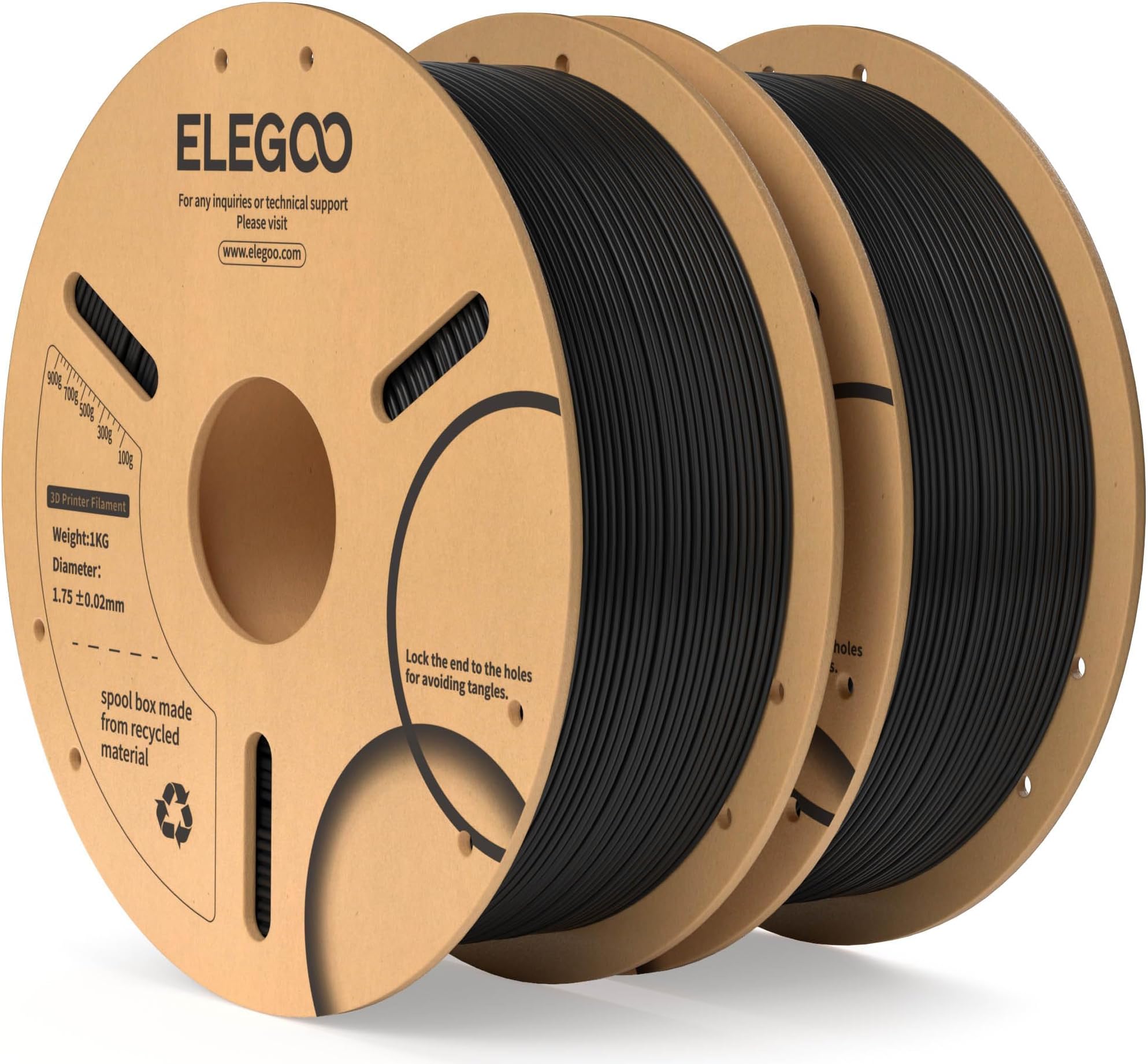 ELEGOO PLA Filament 1.75mm Black 2KG, Dimensional Accuracy +/- 0.02mm, 2pcs 1kg Cardboard Spool(2.2lbs) 3D Printing Filament Fits for Most FDM 3D Printers