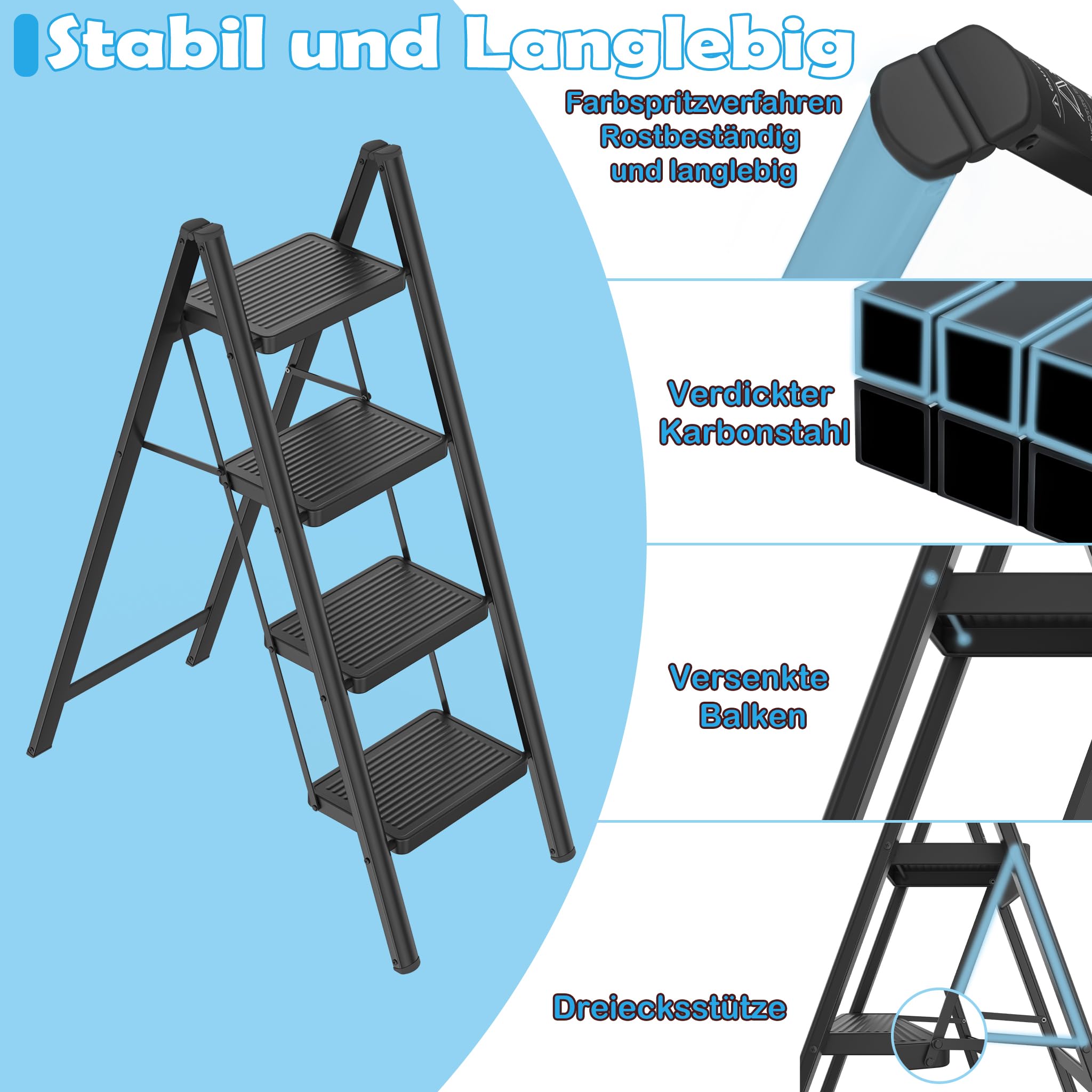 HENGMEI Alu Trittleiter 4 Stufen Leiter Klappleiter Tritthocker rutschfeste Stehleiter Treppenleiter Haushaltsleiter mit Anti Rutsch Pedal Multifunktionale Stufenleiter 150kg Belastbar