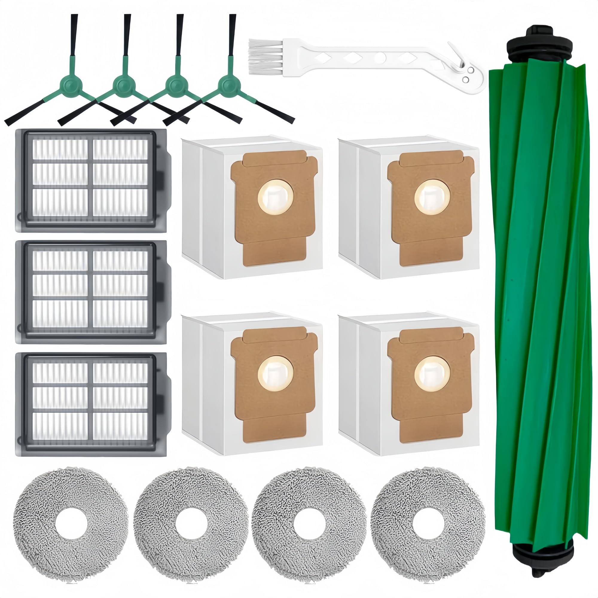 17 pezzi di ricambio per iRobot Roomba Plus 505/405 Combo Accessori per aspirapolvere,1 spazzola a rulli,4 pad di scopa, 3 filtri HEPA, 4 spazzole laterali,4 parti di sostituzione di sacchetti a vuoto
