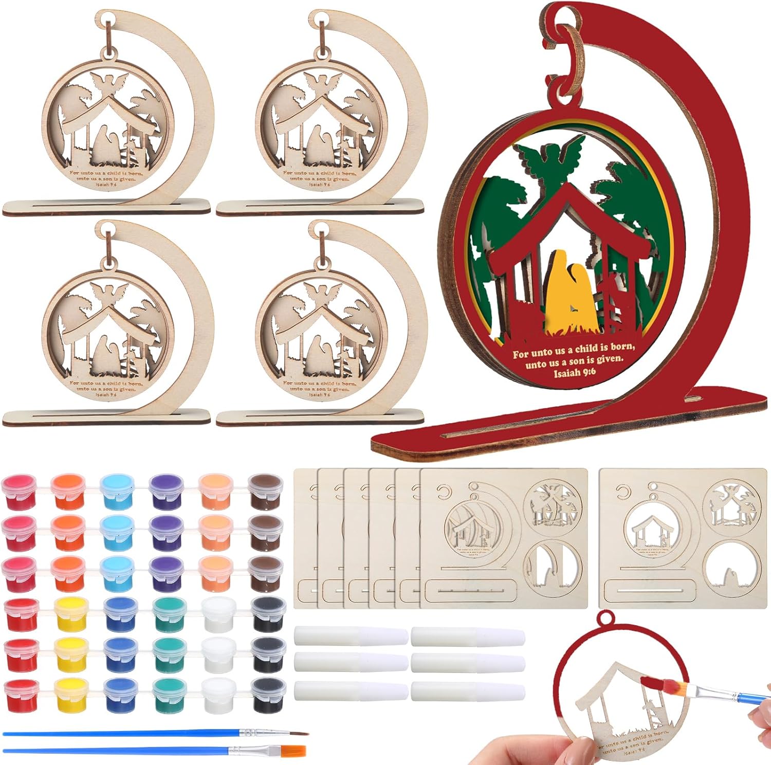 Threehoney 24 Sets Christmas Nativity Craft 3D Wooden Religious Nativity Christian Card with Acrylic Paints Strip DIY Craft Display Christmas Greeting Card Gifts for Friends Family Coworker Employee