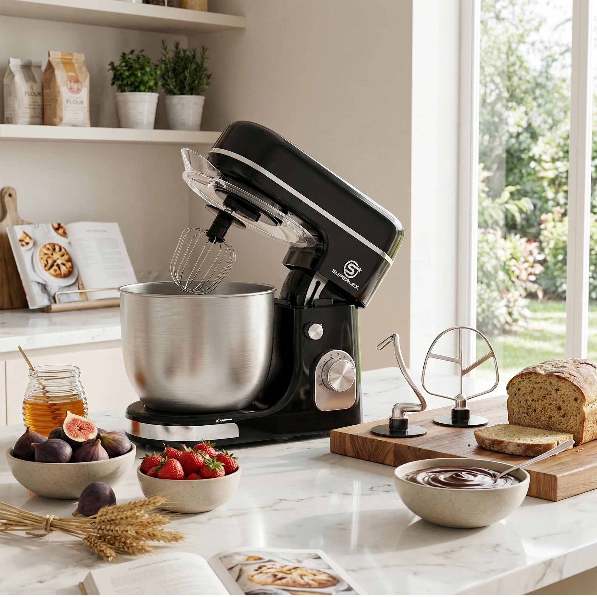 Küchenmaschine 1300W 3 in 1 - Teigmaschine mit 5L Edelstahl-Rührschüssel, Knetmaschine Brotteig, inkl. Knethaken, Rührbesen, Schneebesen, Spritzschutz, 8 Geschwindigkeiten, für Gebäck,Schwarz