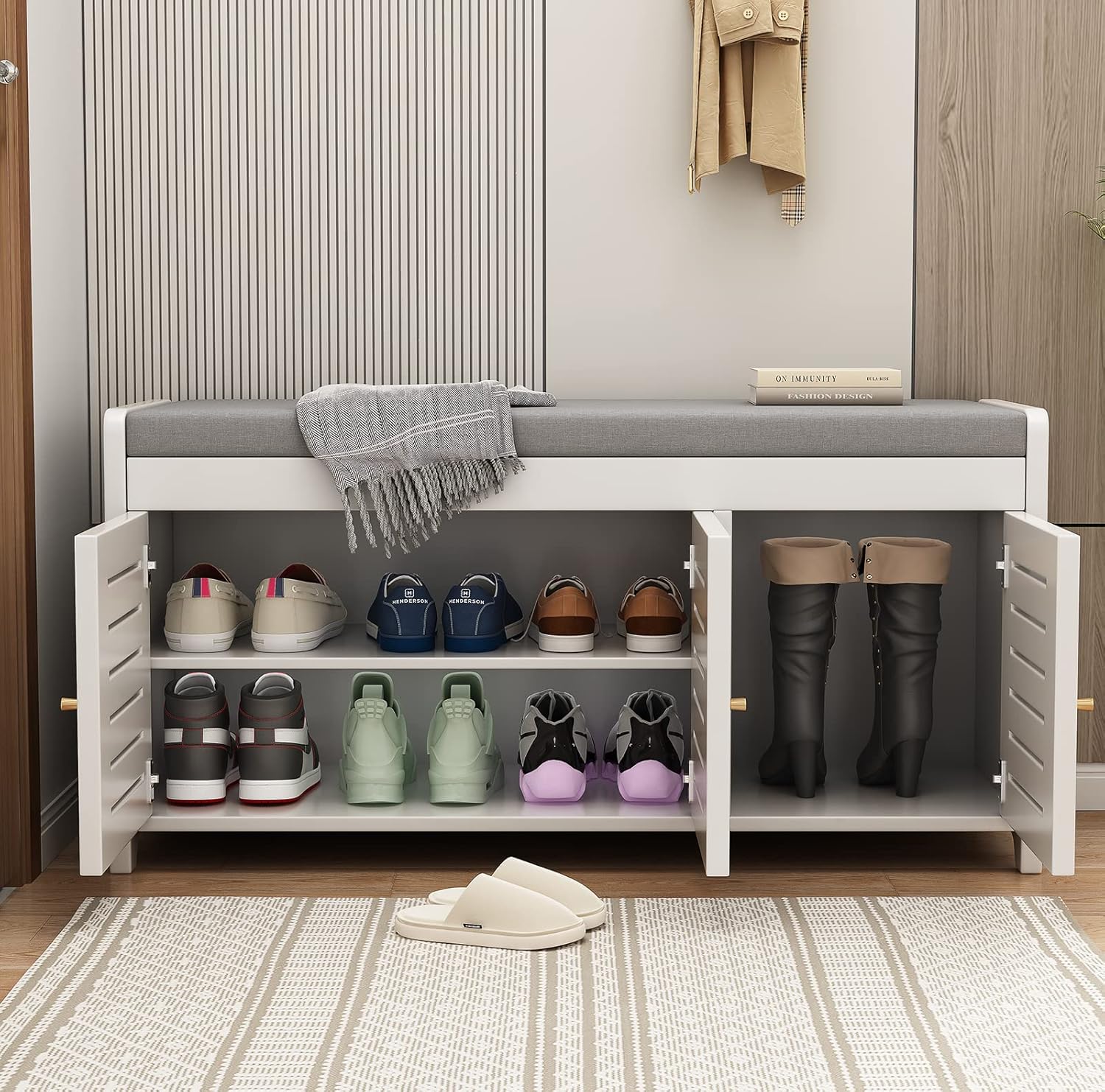 Shoe Storage Bench Bamboo Shoe Rack Bench with Three Door & Padded Seat Cushion for Entryway Shoe Cabinet Shoe Bench (White)
