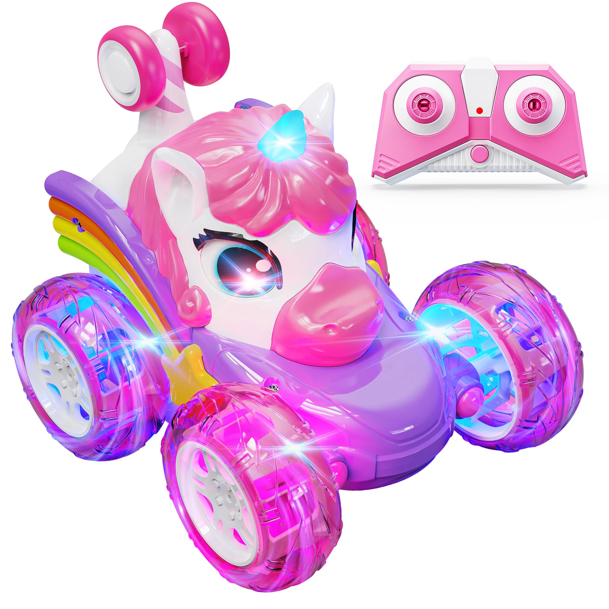 Hot Bee Remote Control Cars, Toy Cars for Kids Age 3 4 5 6, RC Stunt Car with LED Light, Unicorn Gifts for Girls, Unicorn Toys for 2 3 4 5 6 Year Old Girls, for Kids