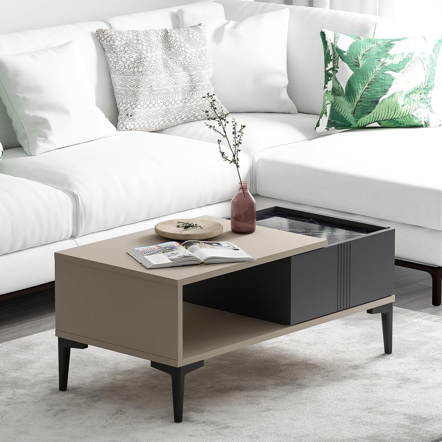 Homidea Modena - Tavolino da salotto con vano portaoggetti da 90 cm, moderno design scandinavo con spazio di archiviazione, tavolino rettangolare per salotto (beige
