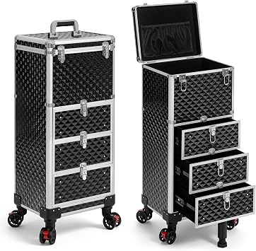 Rolling Makeup Train Case with 3 Drawers, Nail Trolley Cart Salon Station Cosmetology Case on Wheels Organizer Cases for Nail Tech,SPA,Face Painting,Hairstylist,Makeup Artist Silver & Black