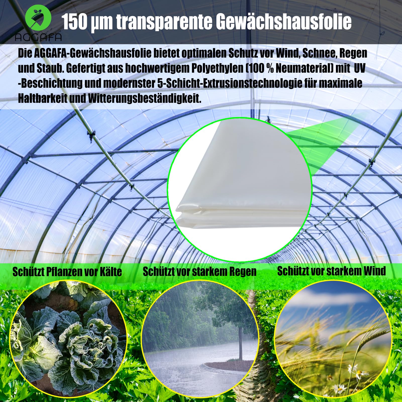 Hochbelastbare Gewächshausfolie – 150 µm (6 mil) Klare Polyethylen-Folie, 4 Jahre UV-Beständigkeit, 90 % hohe Lichtdurchlässigkeit, hergestellt aus 100 % jungfräulichem Rohmaterial (4 m x 5 m)