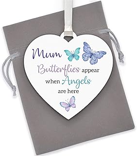 Butterflies Appear When Loved Ones Are Near Wooden Hanging Heart Memorial Plaque - Personalised Mum Memorial Butterfly - Mothers Day Remembrance - Mum Mummy Nanny Nan Grandma Memorial - With Grey Bag