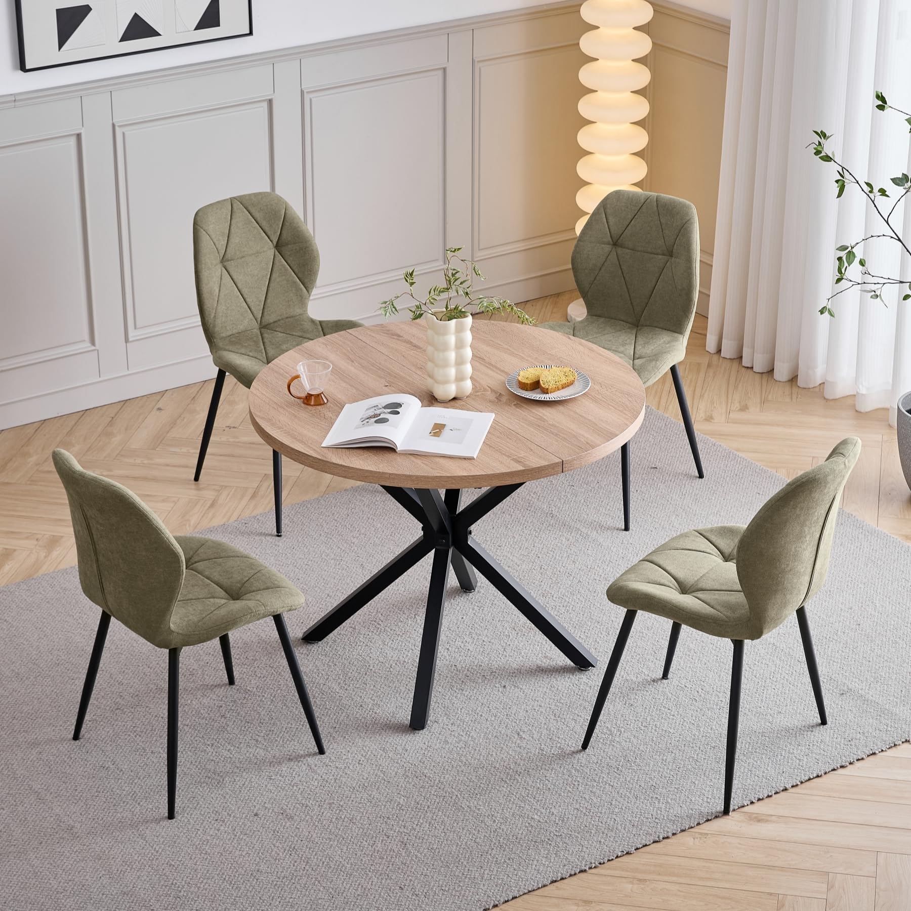 GrandCA HOME Set Tavolo e Sedie da Pranzo, Tavolo da Pranzo Rotondo da 100 CM e 4 Sedie Moderne in Lino, per Sala da Pranzo, Cucina, Soggiorno (Chiaro + Verde)