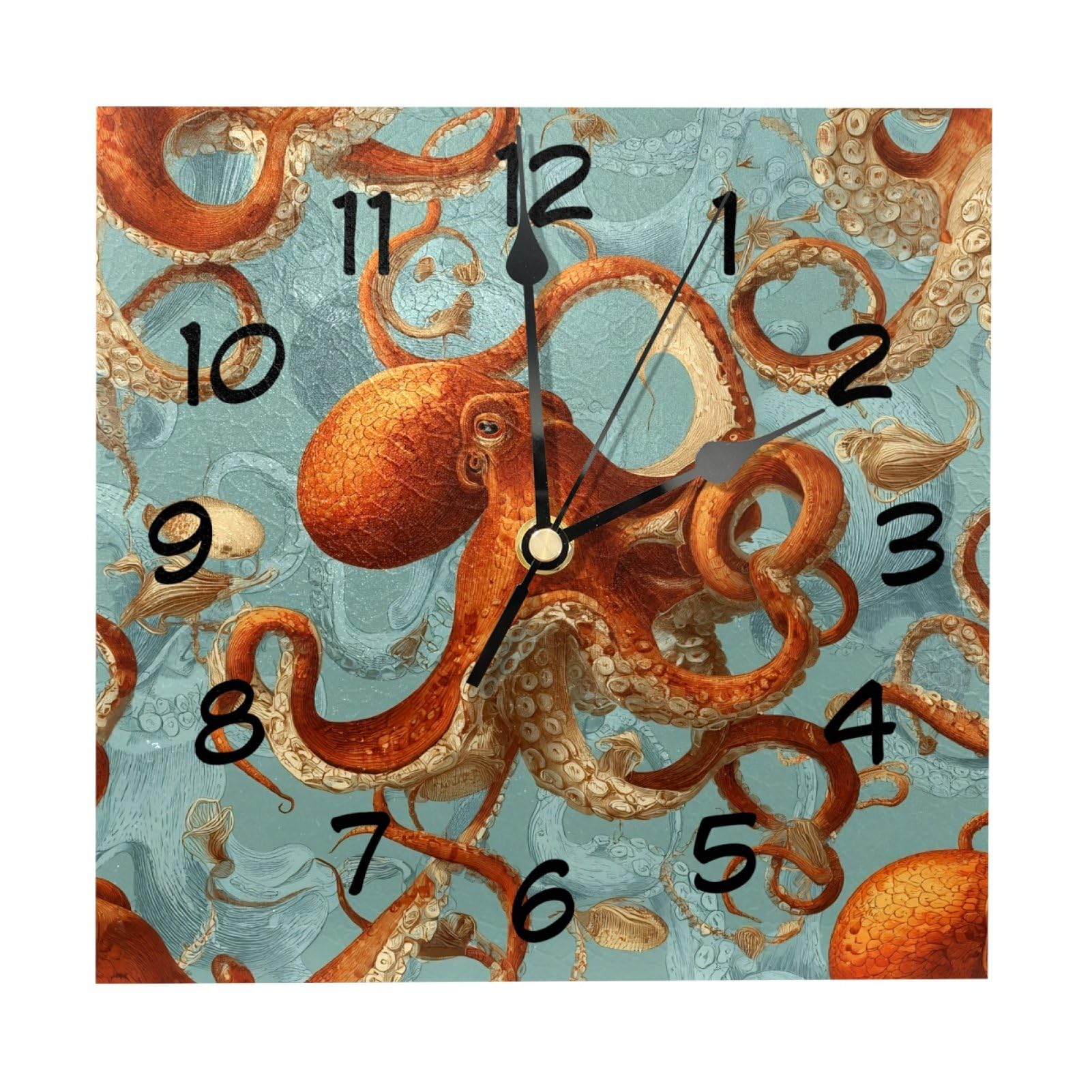etoenbrc 8 Inch Square Wall Clock Silent Non-Ticking Octopus Orange Clock Battery Operated, Wooden Clock Decorative for Kitchen, Living Room Bedroom Office