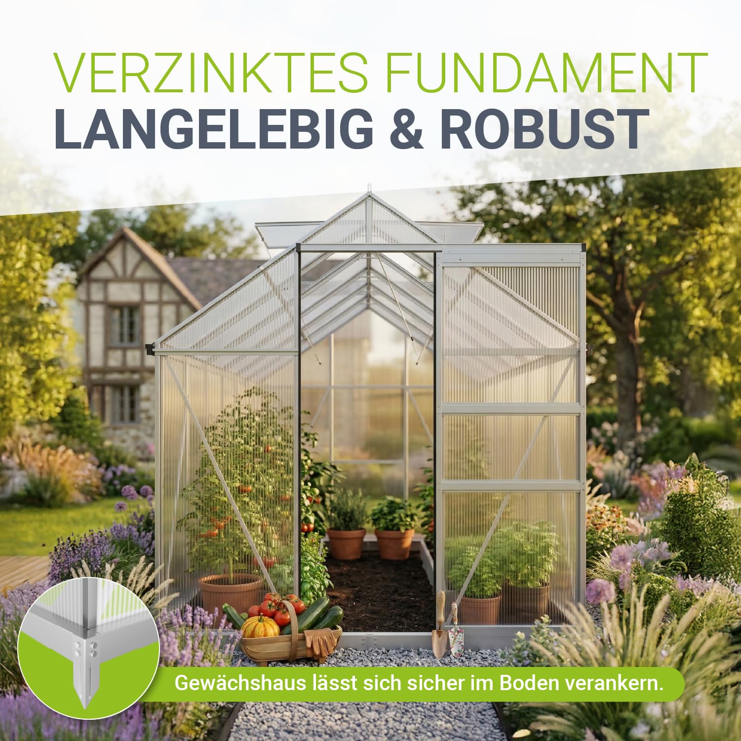 JUSKYS® Gewächshaus 7,2 m² - Aluminiumgestell & Stahlfundament, UV-beständig, abschließbare Schiebetür, belüftbare Dachfenster 61x57 cm