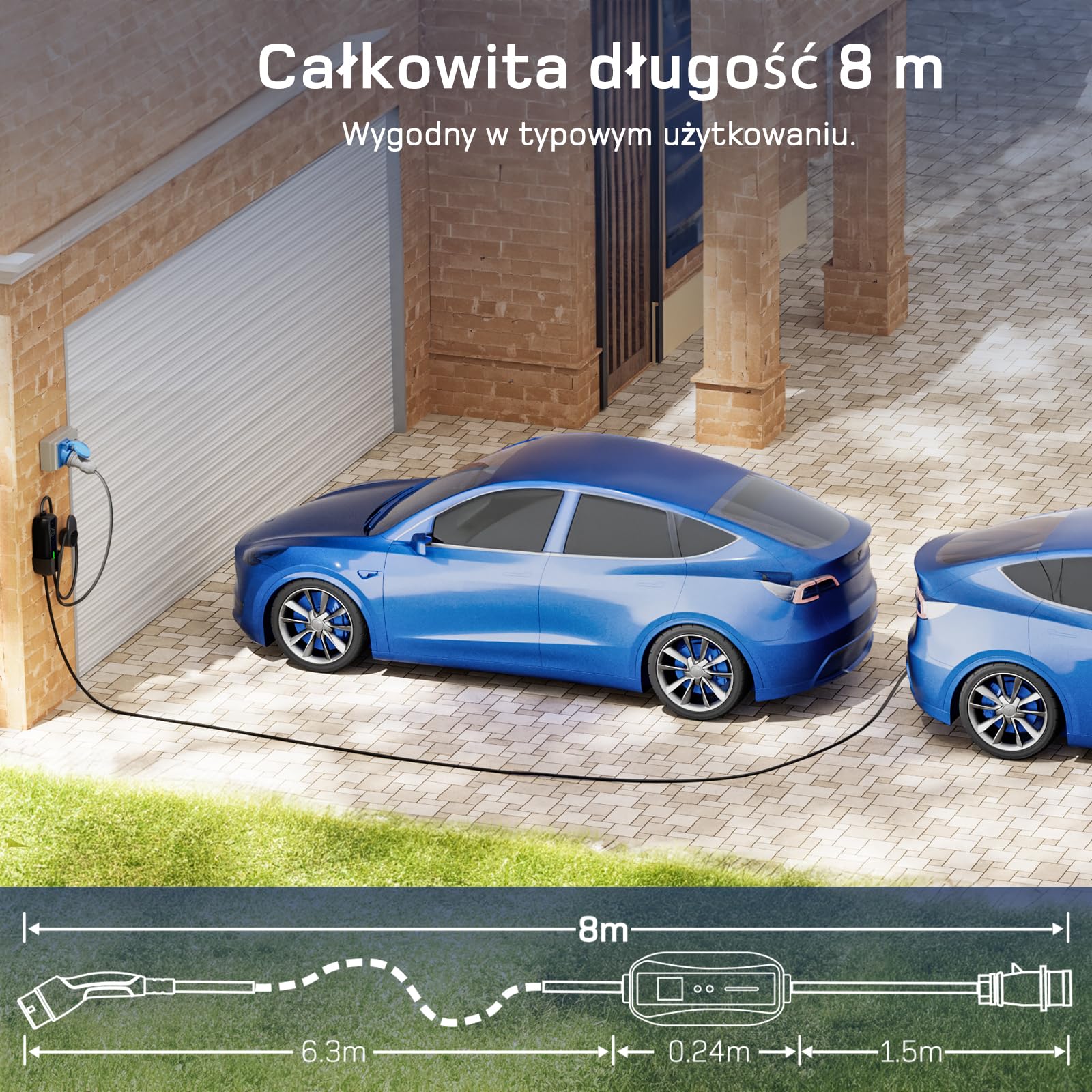 dé Ładowarka samochodowa elektryczna 7,4 kW, ładowarka pojazdu elektrycznego 32 A, 8m, 6–32 A, ładowarka i stacja ładująca do modeli 3/Y i innych EV/PHEV