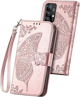 Wallet Case for Galaxy A52 4G/5G,PU Leather Flip Case Cover with Wrist Strap Cash Credit Card Slots Holder Pocket Emboss Butterfly Flower Protective Case for Samsung Galaxy A52 4G/5G Rose Gold