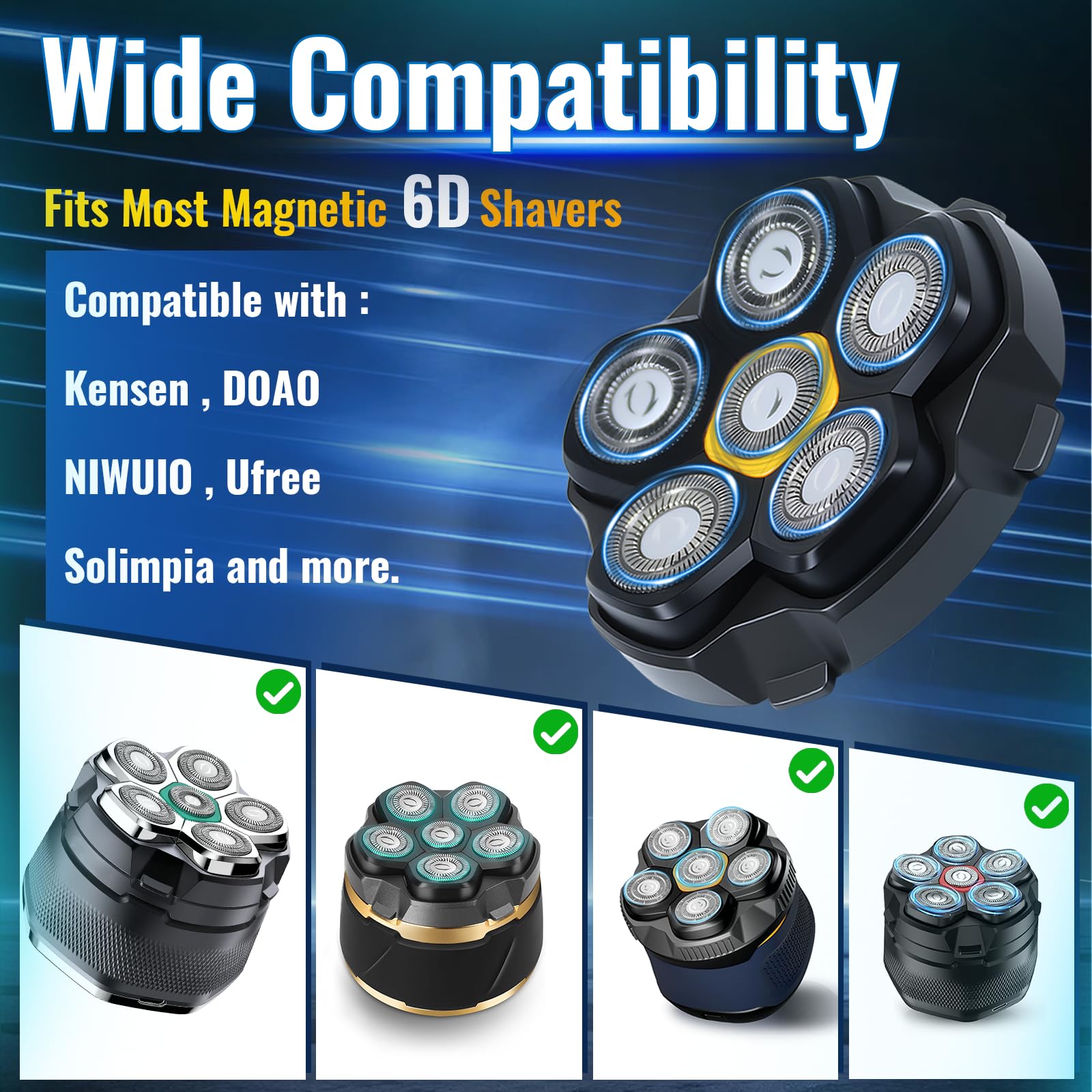 Testine magnetiche per rasoio a 6 lame di ricambio per molti rasoi elettrici magnetici 6D, compatibili con DOAO, Kensen, JoyKoi e Kibiy. (3 pezzi)