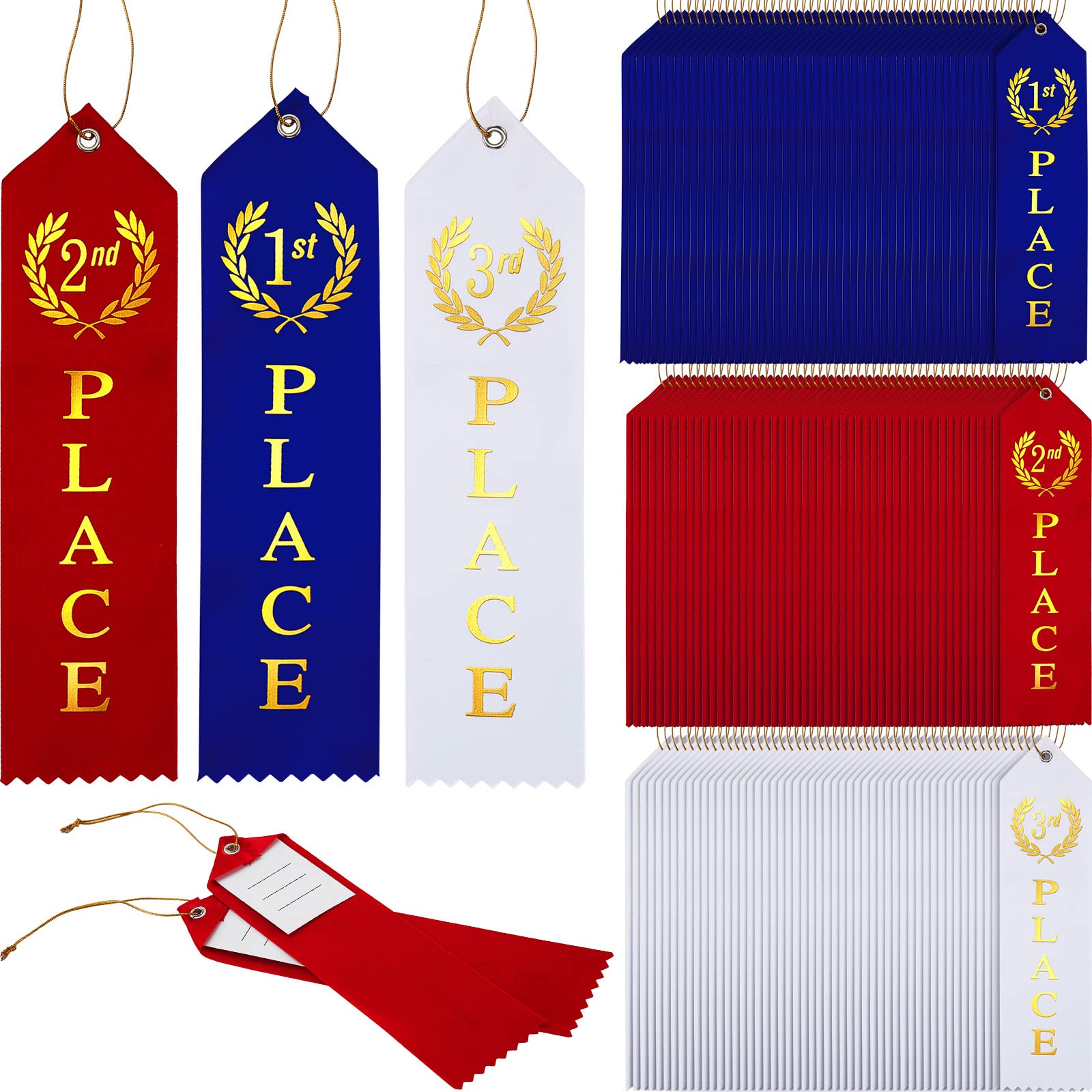 Outus 150 Pieces Award Ribbons 1st, 2nd, 3rd Place Flat Carded Set First Place Prizes with Event Card and Rope for Competition, Sports Event, School,