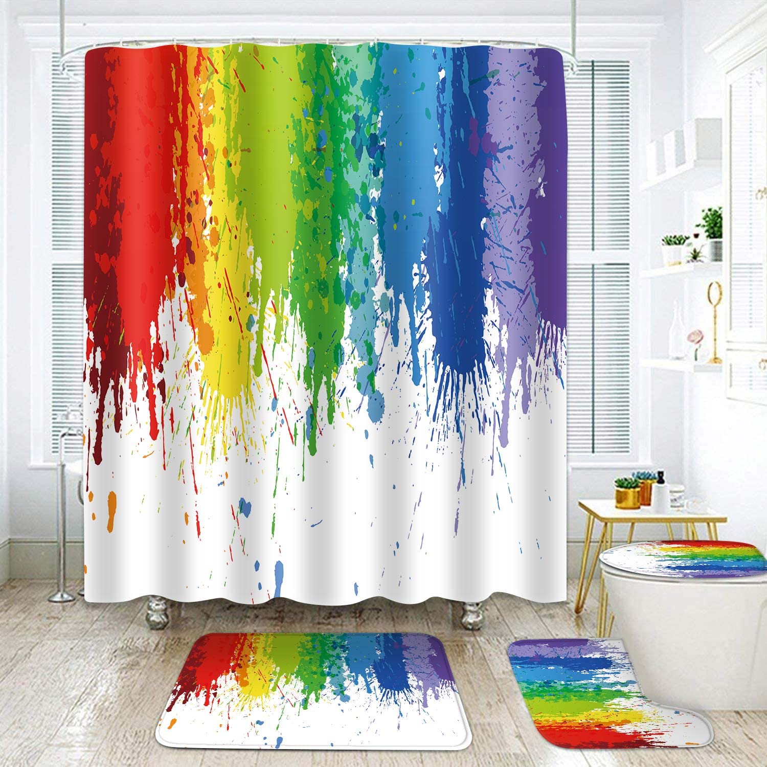 EARVO 4Pcs Splashing Graffiti Shower Curtain Set with Non-Slip Rug, Toilet Lid Cover Bath Mat Fluid Rainbow Color Paint Style Curtain with Hooks 71x72 inches for Art Home Decor Improvement SETYYEA15