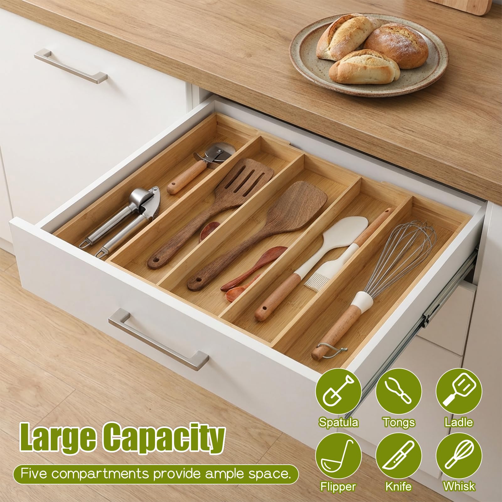 Erweiterbarer Schubladen-Organizer aus Bambus, 34 cm bis 52,1 cm, verstellbares Bestecktablett für Utensilien, Küchenwerkzeug, Schublade, geteilte Organizer, Bambus-Besteck-Organizer