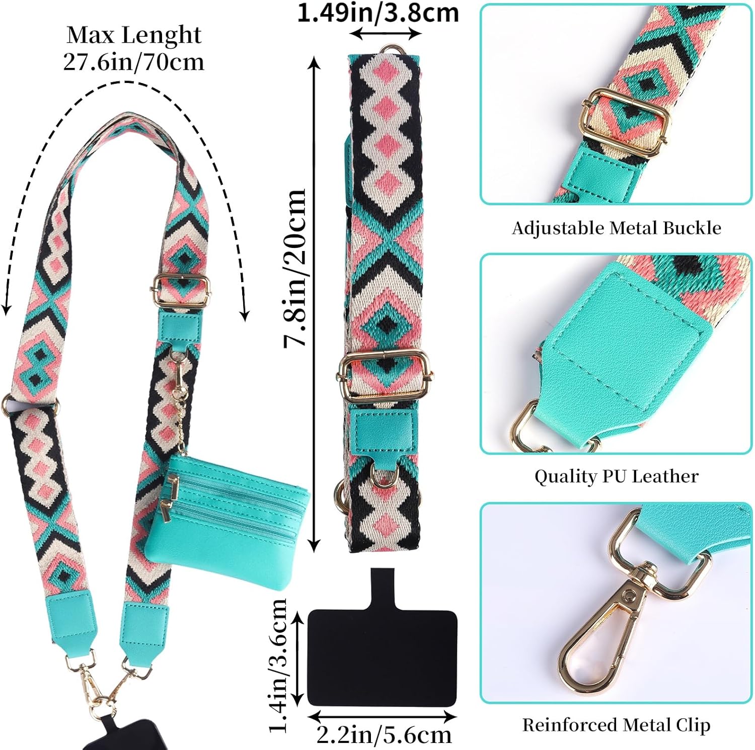 Cell Phone Lanyard with Wallet Pouch Pink Adjustable Crossbody Phone Strap Zippered Pouch for Easy Phone Access
