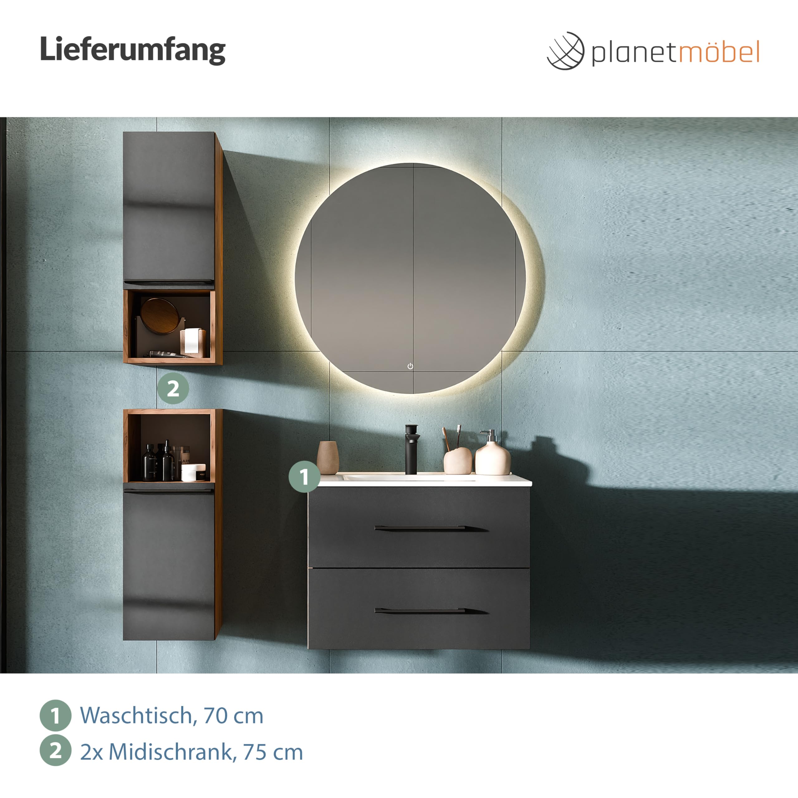 Planetmöbel LUX Badmöbel Set Waschtisch mit Waschbecken 70 cm, Keramik Waschbecken mit Unterschrank, 2X Midischrank 75 cm, Gold Eiche/Anthrazit