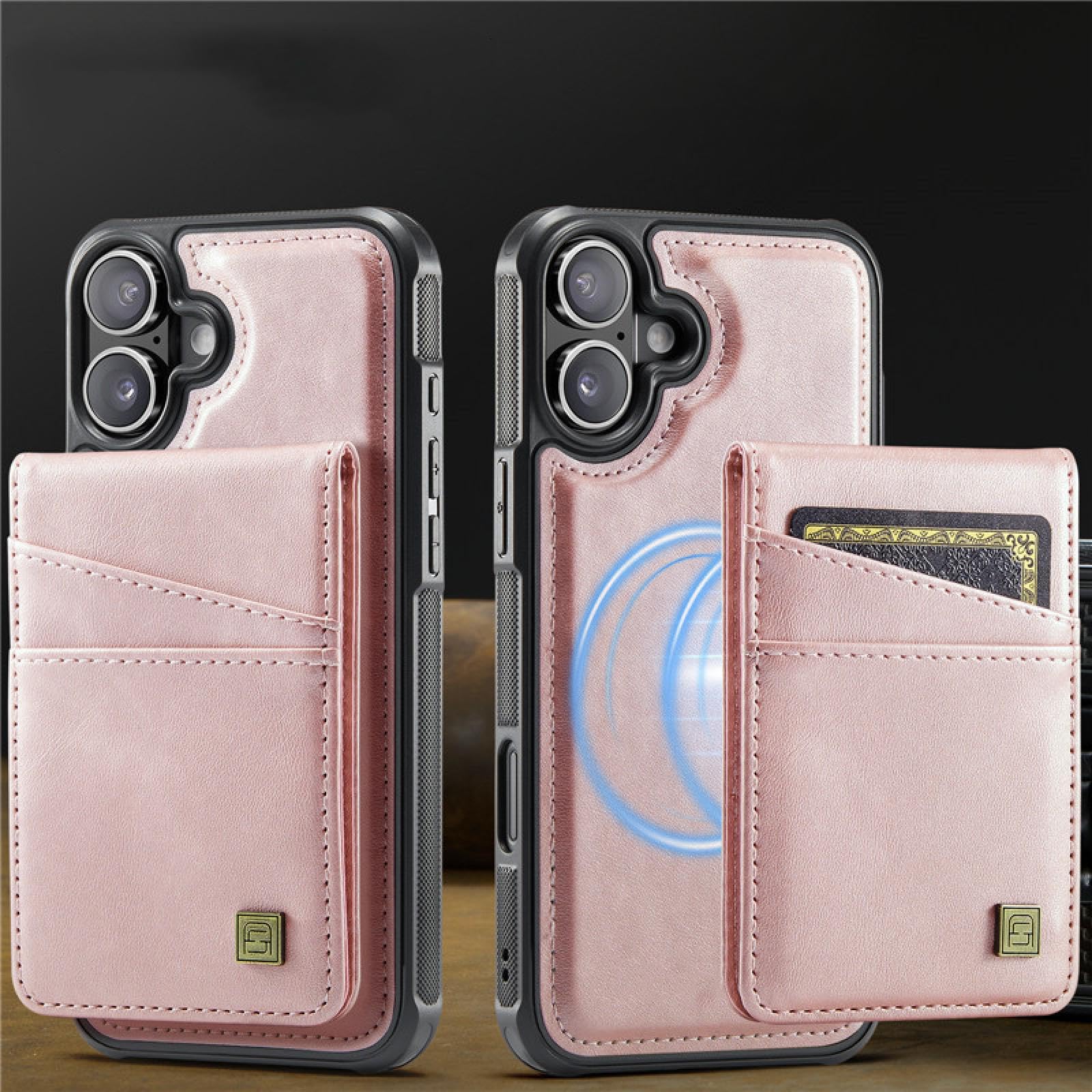Für iPhone 15 Plus magnetische kabellose Ladehülle aus Leder mit Brieftaschen-Kartenfach und Klappständer (für iPhone 15 Plus/Pink)