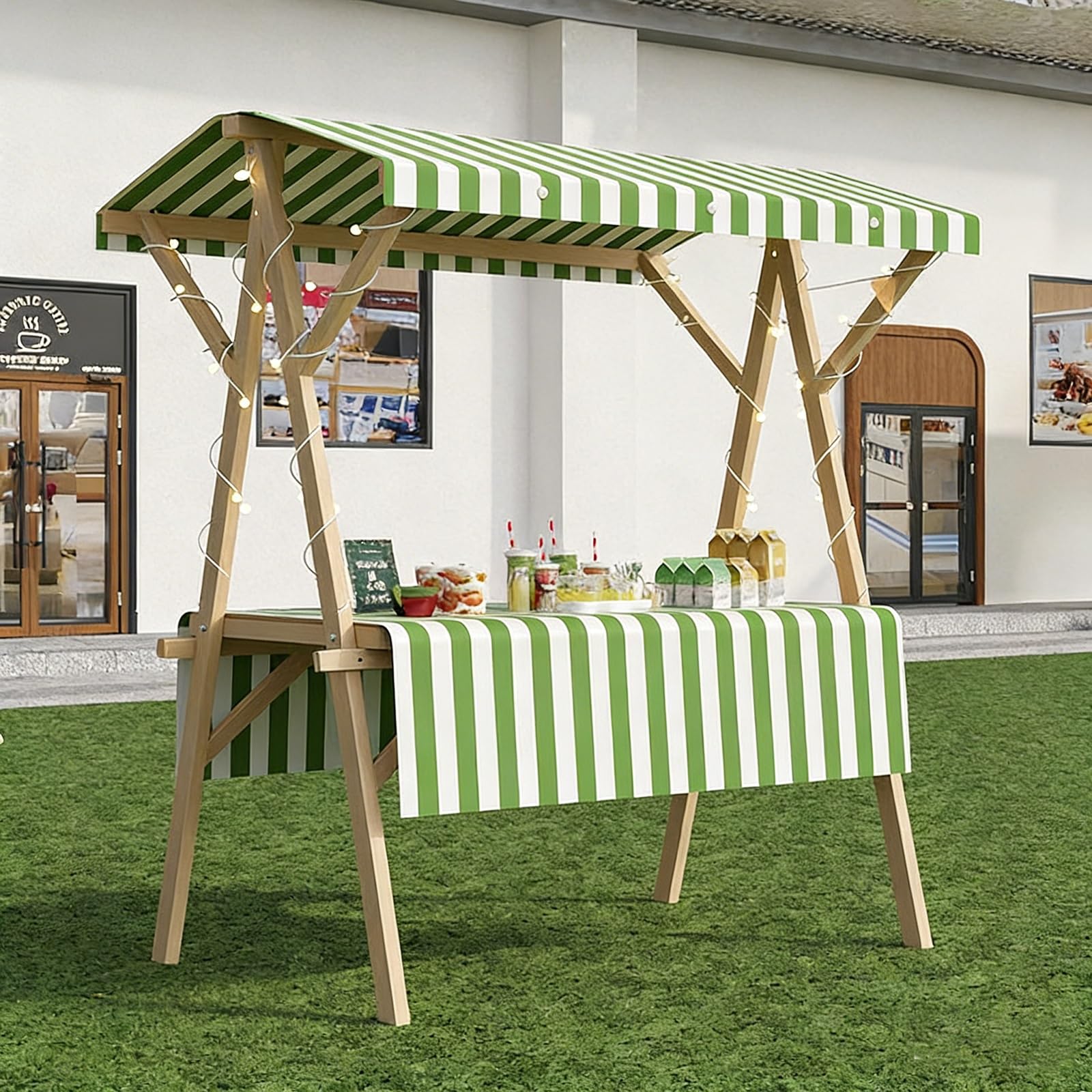 Carrito portátil verde al aire libre – Soporte de concesión de comida de 47 pulgadas para fiestas, bodas, cumpleaños y festivales, puesto de mercado versátil con estante