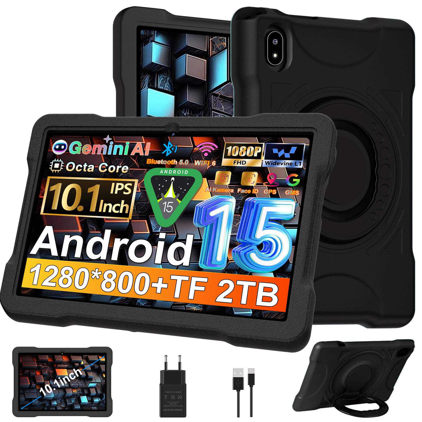 Android 15 Tablet Bambini 10 Pollici, 30GB RAM+TF 2TB,Gemini AI/Widevine L1/Octa-Core,5G WiFi Tablets, Giochi Educativi/1080*800/5MP+8MP/Bluetooth 5.0, 2026 Newest Tablet con Protettiva EVA Caso-Nero