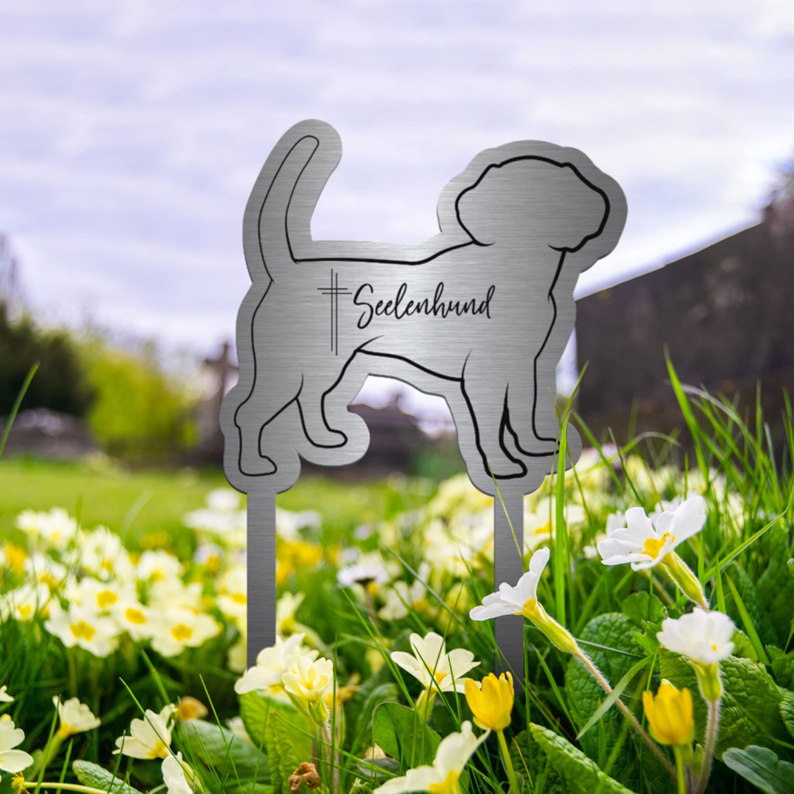 Grabstecker Herz mit Pfote aus Edelstahl mit Trauer Spruch oder Namen | Grabschmuck Hund o. Katze - persönliche Grab Deko für Tiere | wetterfest & personalisierbar für EIN Tiergrab o. Garten