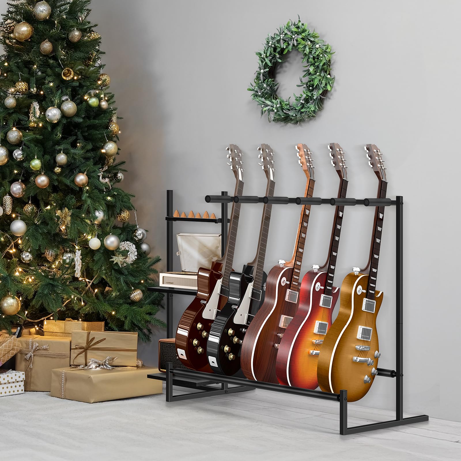 Gitarrenständer, Gitarrenhalter für 5 Saiteninstrumente, geeignet für Akustikgitarre, Bass, Gitarrenständer mit seitlichen Ablagen für Plattenspieler, mit rutschfesten Gummipads, Schwarz