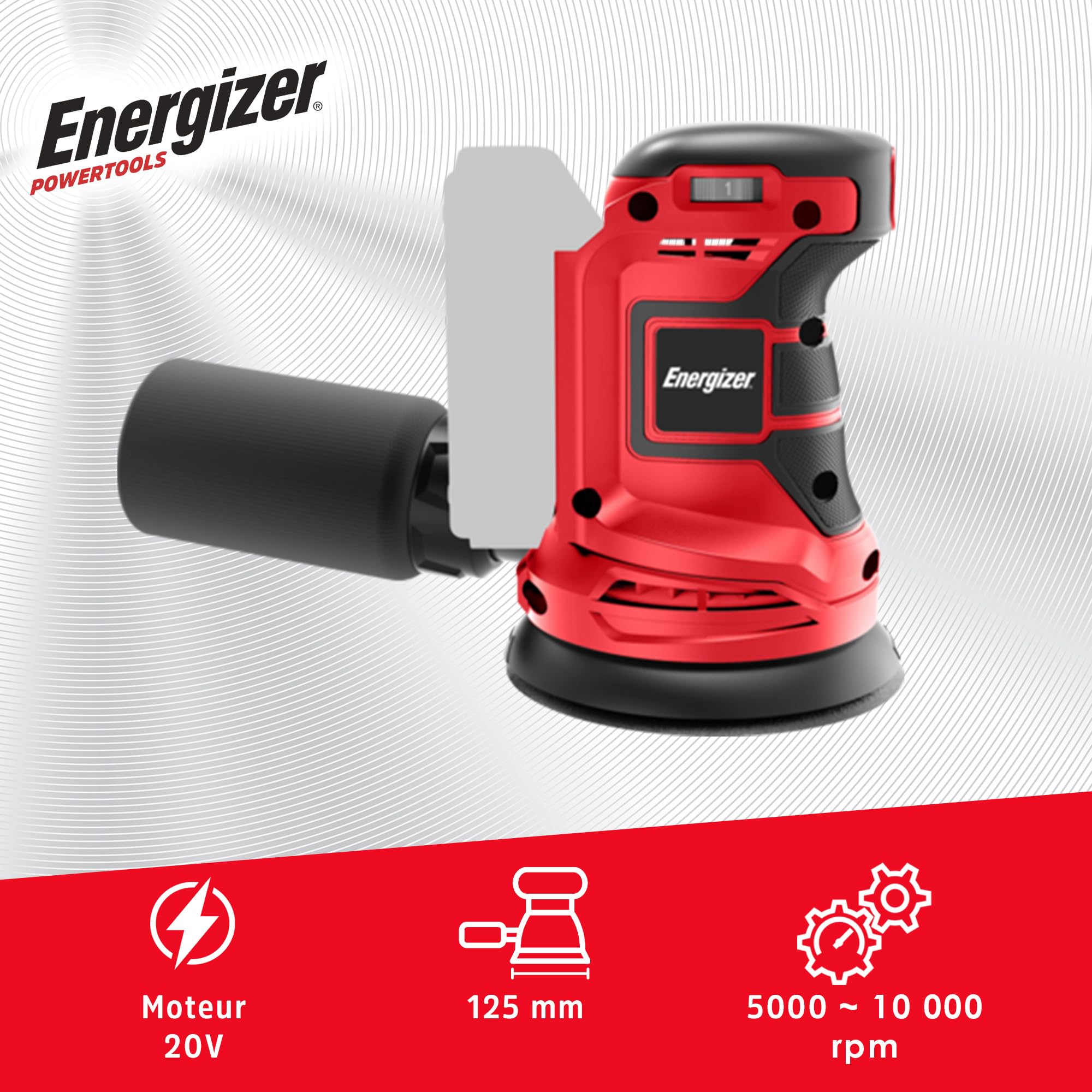 Energizer – Ponceuse Circulaire Sans Fil 20V, 10 000 tr/min, 6 Vitesses Réglables – Plateau 125 mm Auto-Agrippant, Sac Collecteur, 10 Disques Inclus – Inclus 2 Batteries 20V 2AH + Chargeur Rapide