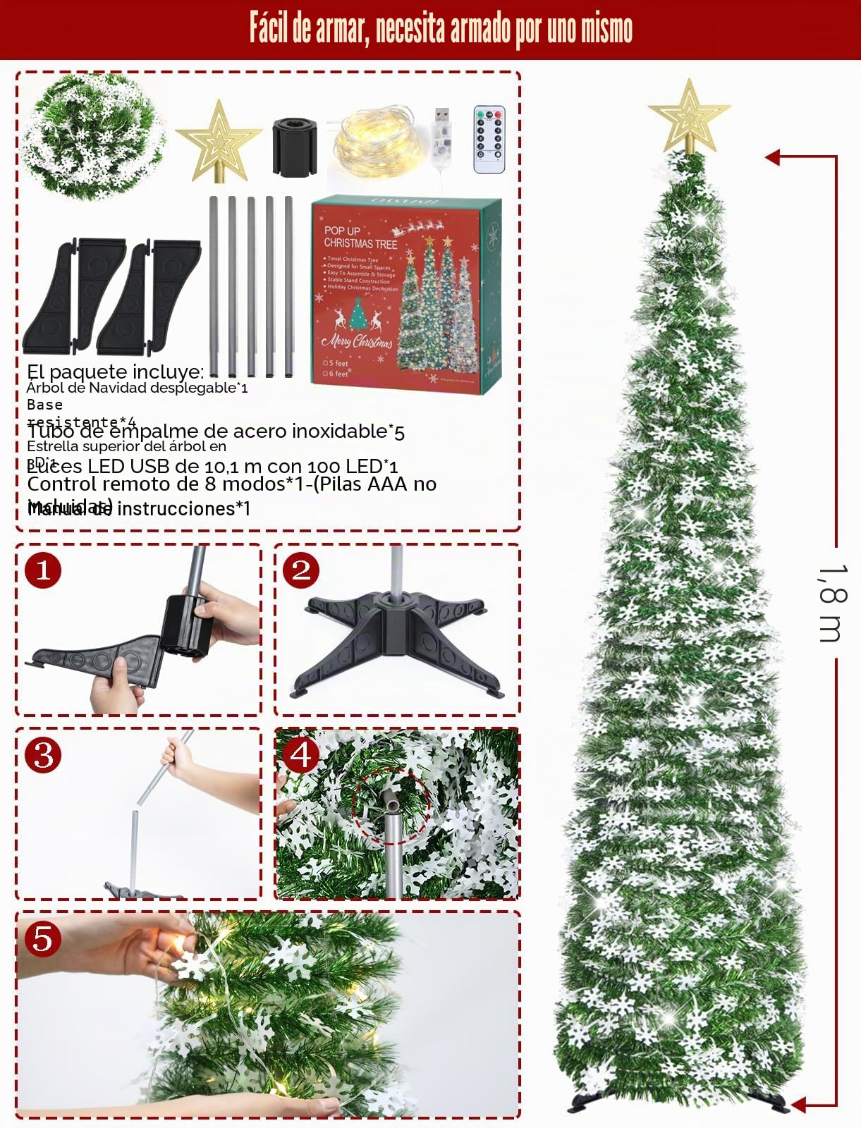 HMASYO Árbol de Navidad de oropel desplegable de 6 pies con 100 luces LED de temporizador y control remoto, árbol artificial plegable verde con adornos de copo de nieve, decoración de Navidad para el