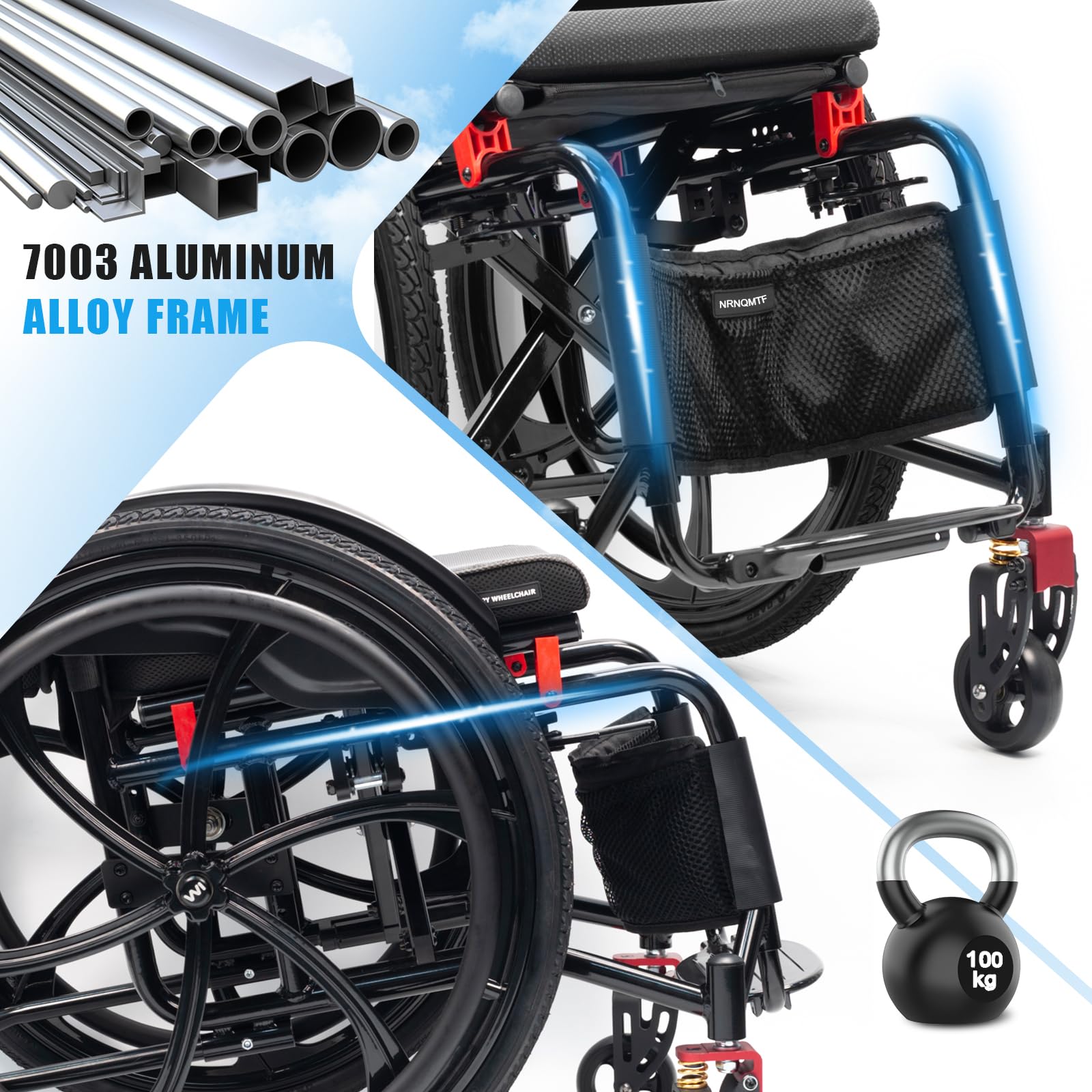 Sedia A Rotelle Pieghevole Leggera in Alluminio,Sedia a rotelle Sportiva Leggera per Tutti i Terreni,Manuale semovente,Sedia a rotelle da transito, carico 100 kg(Seat Width 42cm/16.5in,B)