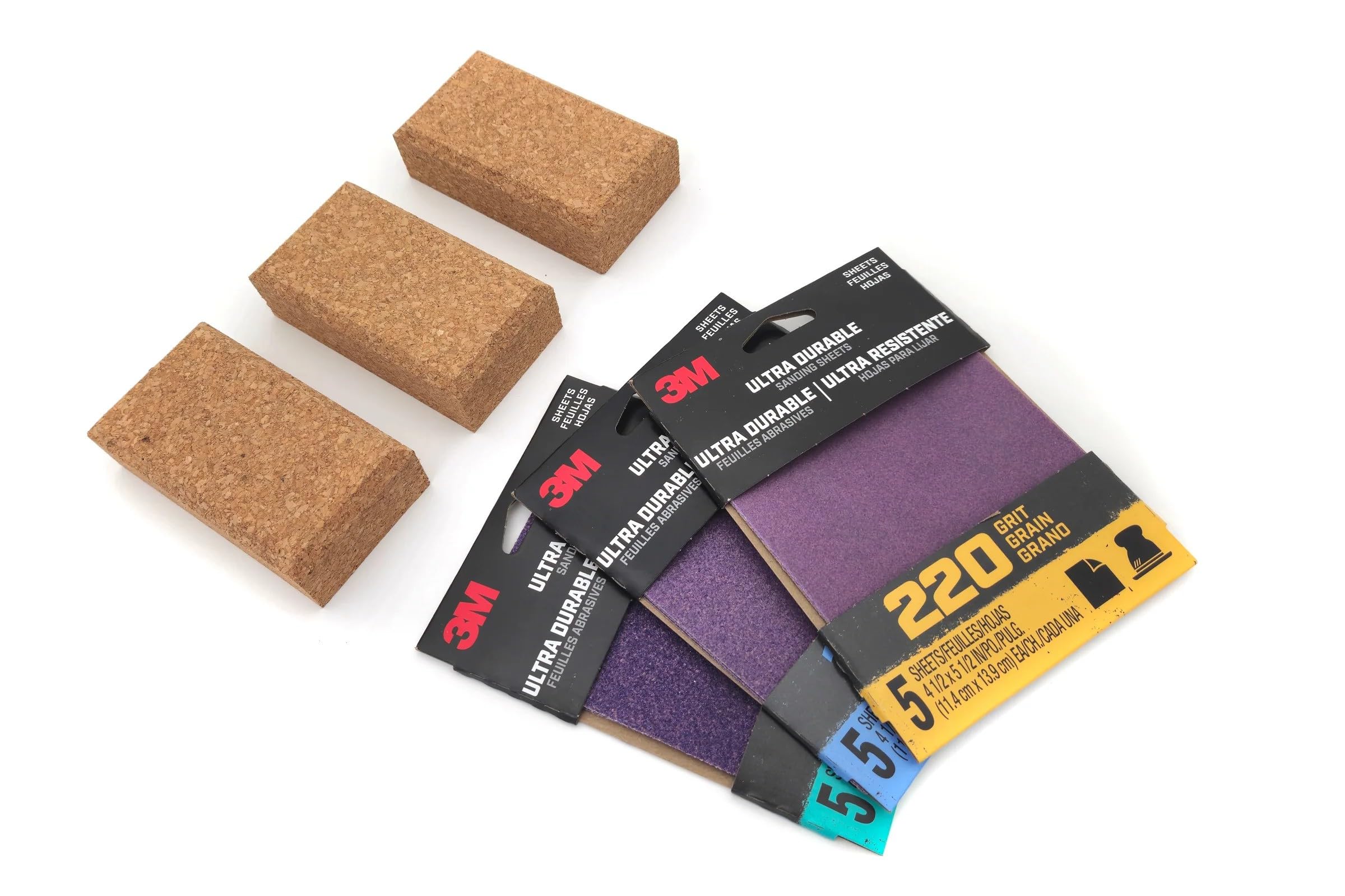 Cork Sanding Block Set with 3M(tm) Ultra Durable Sandpaper - Includes 3 Cork Sanding Blocks and 15 Sheets (80, 120, 220 Grit)