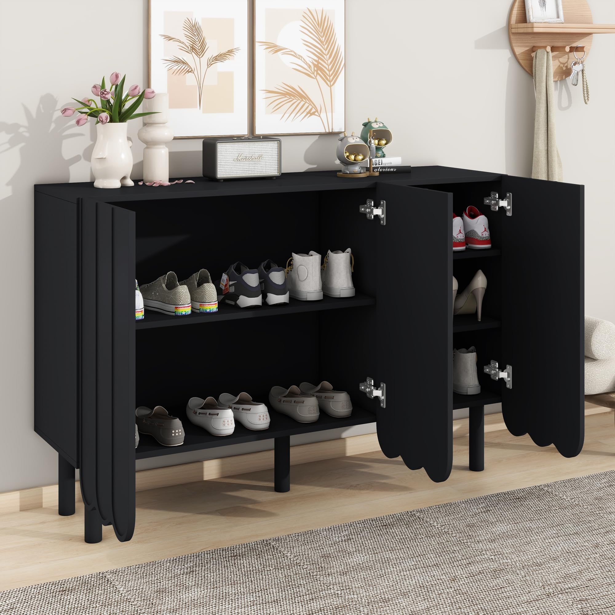 ON-Trend Cream Style Minimalist Shoe Cabinet with 5 Solid Wood Legs, Sideboard Buffet Cabinet with Adjustable Shelves, Large Storage Cabinet for Living Room (Black with Wavy Doors)