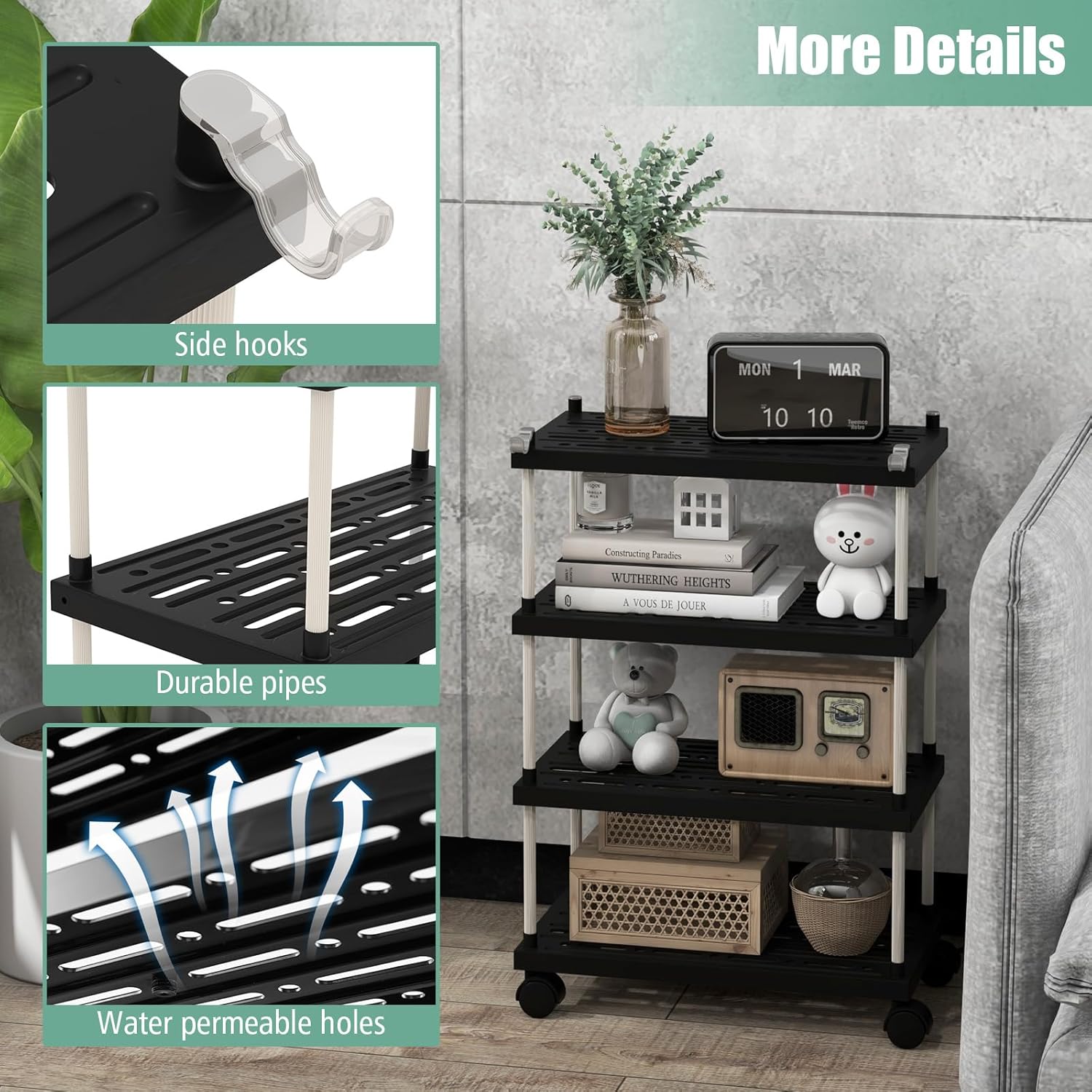 Giantex Kitchen Slim Storage Cart Set of 2, 4-Tier Rolling Kitchen Utility Cart with Lockable Wheels, Side Hooks, Rolling Side Storage Cabinet for Kitchen Small Apartment Narrow Space